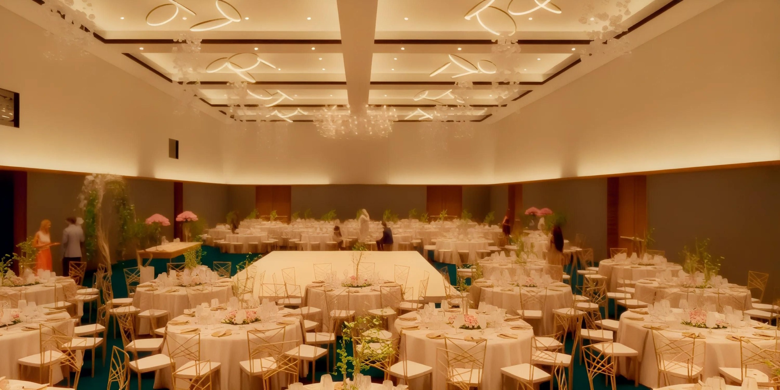 A large, elegant banquet hall with round tables set for a formal event under modern chandelier lighting.