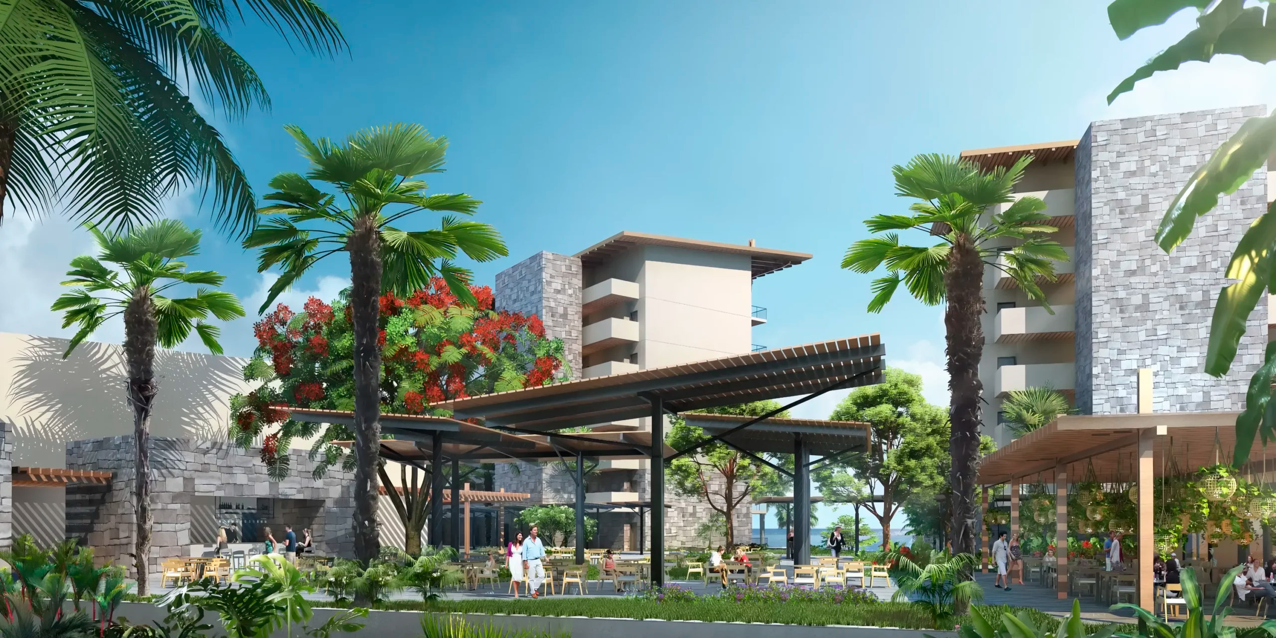 Dreams Estrella del Mar Mazatlan: palm trees sway gently, outdoor seating invites relaxation, and tall buildings reach towards the blue sky—a perfect setting for a destination wedding.