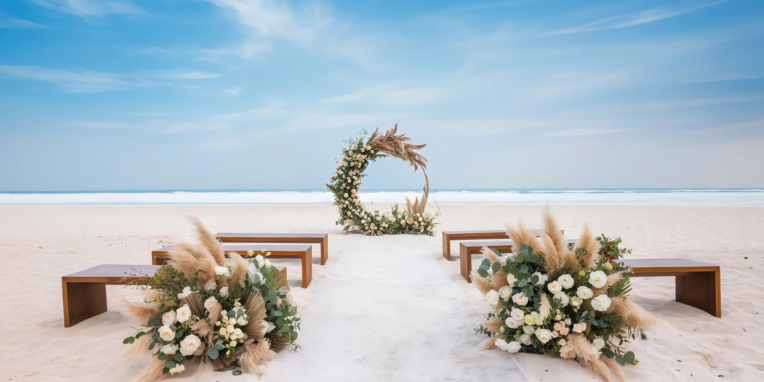 Beach wedding setup at the Hilton Cancun Mar Caribe with wooden benches on a sandy aisle leading to a flower-adorned arch facing the ocean. Blue sky and calm sea in the background. Decor includes white flowers and pampas grass.