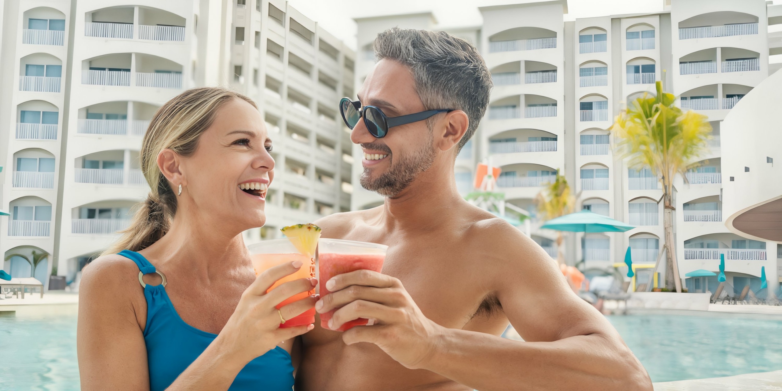 A smiling couple in swimwear enjoying tropical cocktails by a resort pool at Hilton Cancun Mar Caribe, with the hotel building in the background.