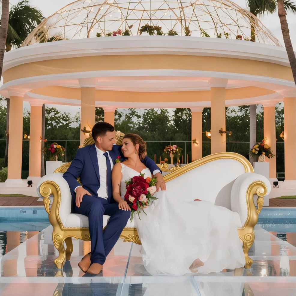 A bride and groom sit on a golden sofa in front of a decorative gazebo. The bride holds a bouquet of red and white flowers.