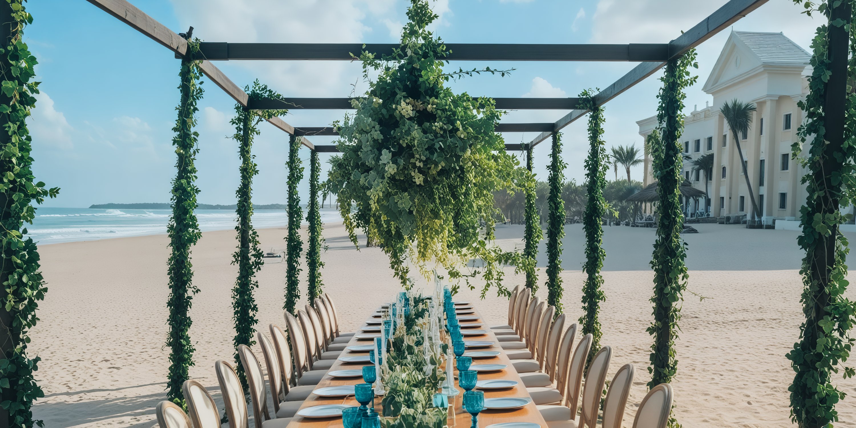Destination wedding dining arrangement featuring a long table set under a pergola, beautifully adorned with lush greenery, providing an outdoor beachside experience.