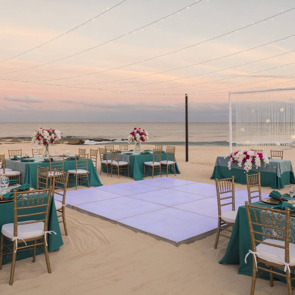 A beautifully arranged destination wedding featuring elegantly decorated tables, enchanting string lights, and a dance floor set against the backdrop of a sunset beach.