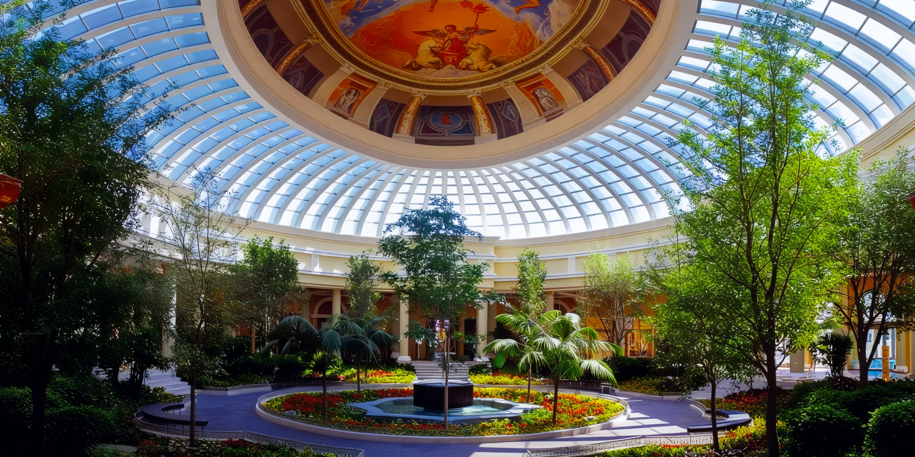 A spacious atrium with a glass dome, featuring a central fountain, lush trees, and vibrant flowerbeds, creates the perfect setting for a destination wedding.