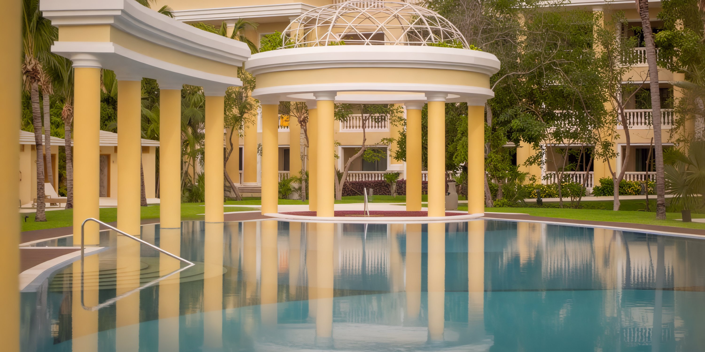 JOIA Paraiso, a perfect destination for weddings, boasts an elegant pool, striking yellow columns, a stunning dome, and an adjacent building that adds to its charm.