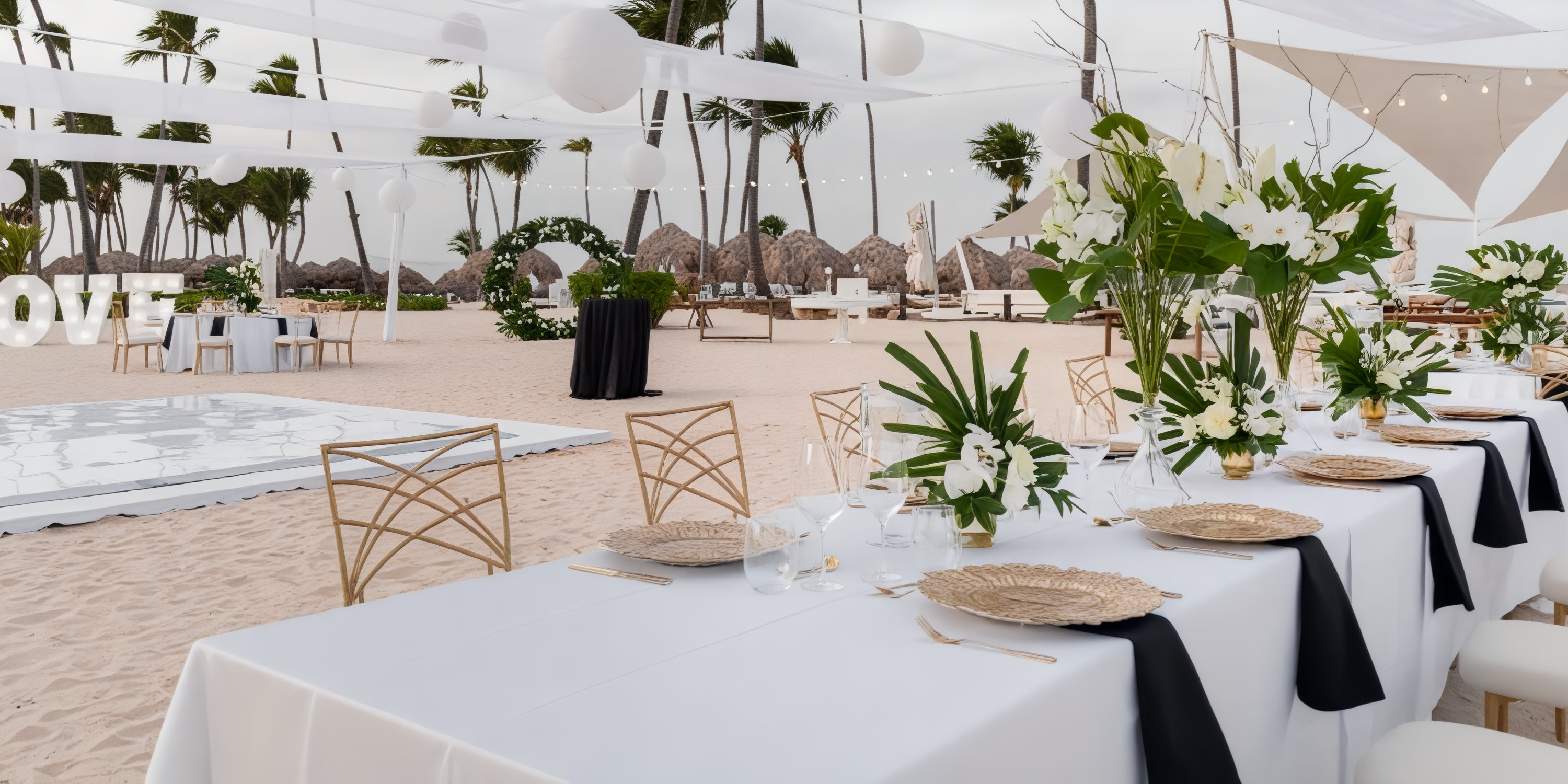 JOIA Bavaro by Iberostar presents an enchanting destination wedding setup, featuring elegant tablecloths, beautiful floral arrangements, and stylish decorative chairs.