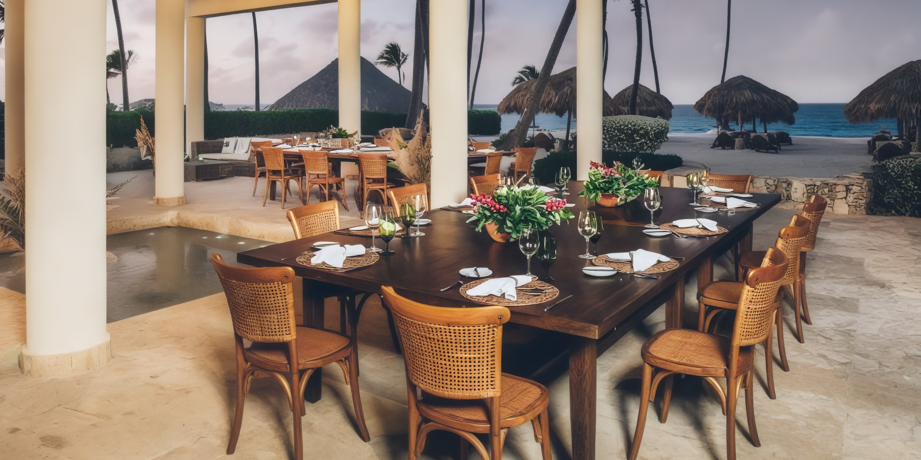 JOIA Bavaro by Iberostar offers a picturesque setting for your destination wedding, featuring outdoor dining with wooden tables and chairs, all complemented by a breathtaking tropical ocean view.