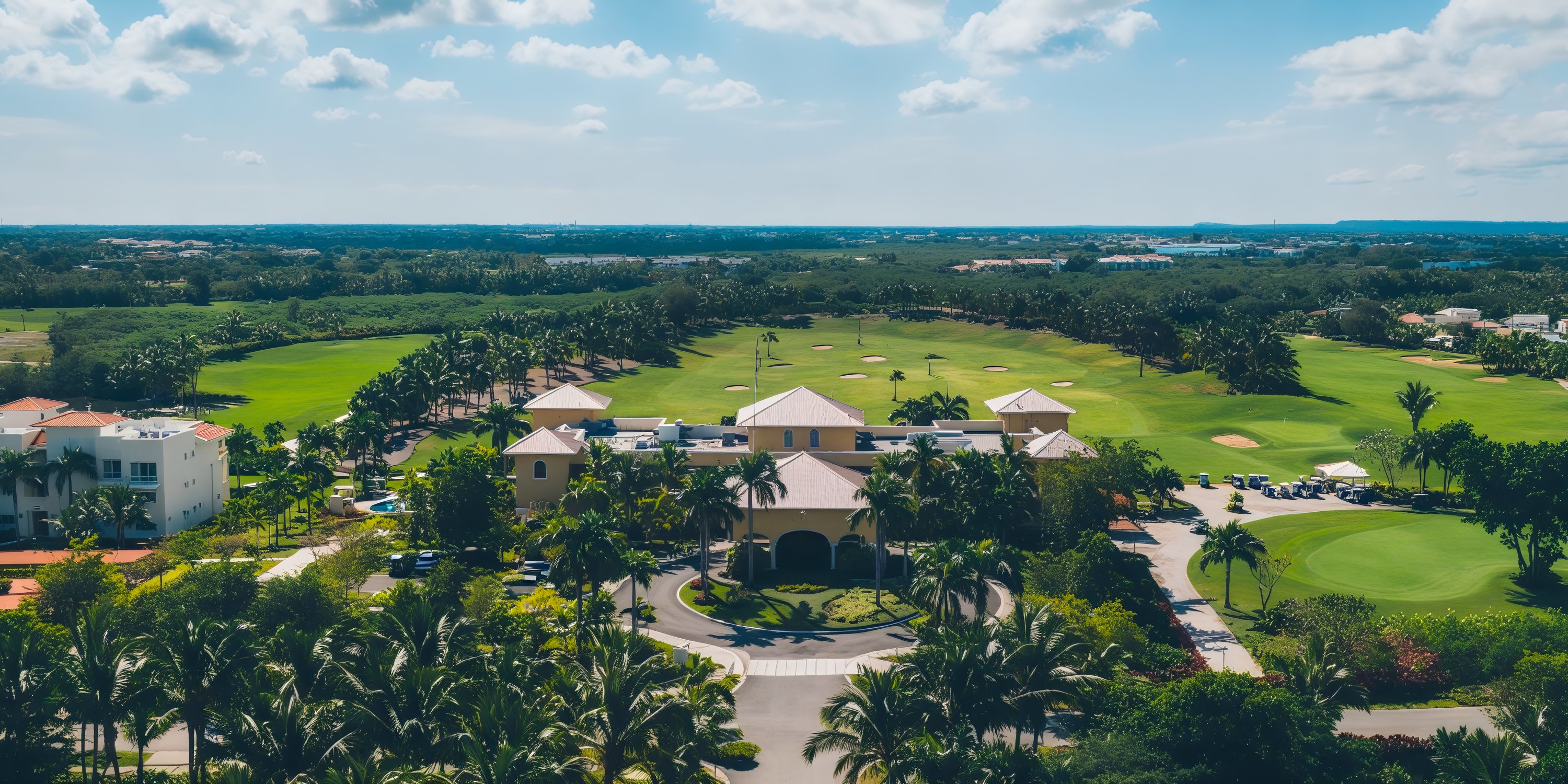 Aerial view of a clubhouse nestled within a vibrant golf course, making it an ideal setting for a destination wedding under the dramatic backdrop of a cloudy sky.
