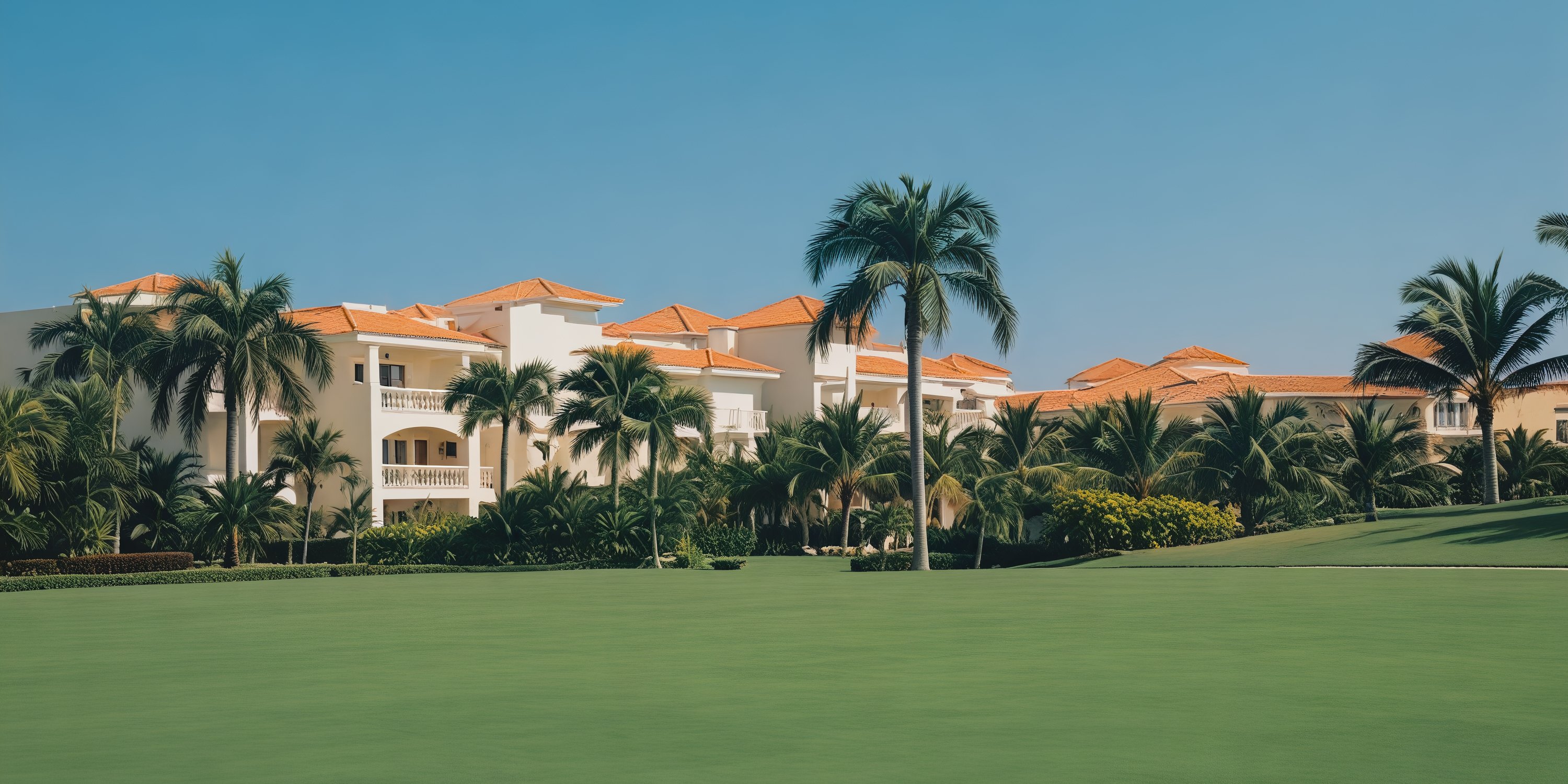 A picturesque white building with red roofs, perfect for a destination wedding, is beautifully surrounded by swaying palm trees and a lush green lawn under a clear sky.