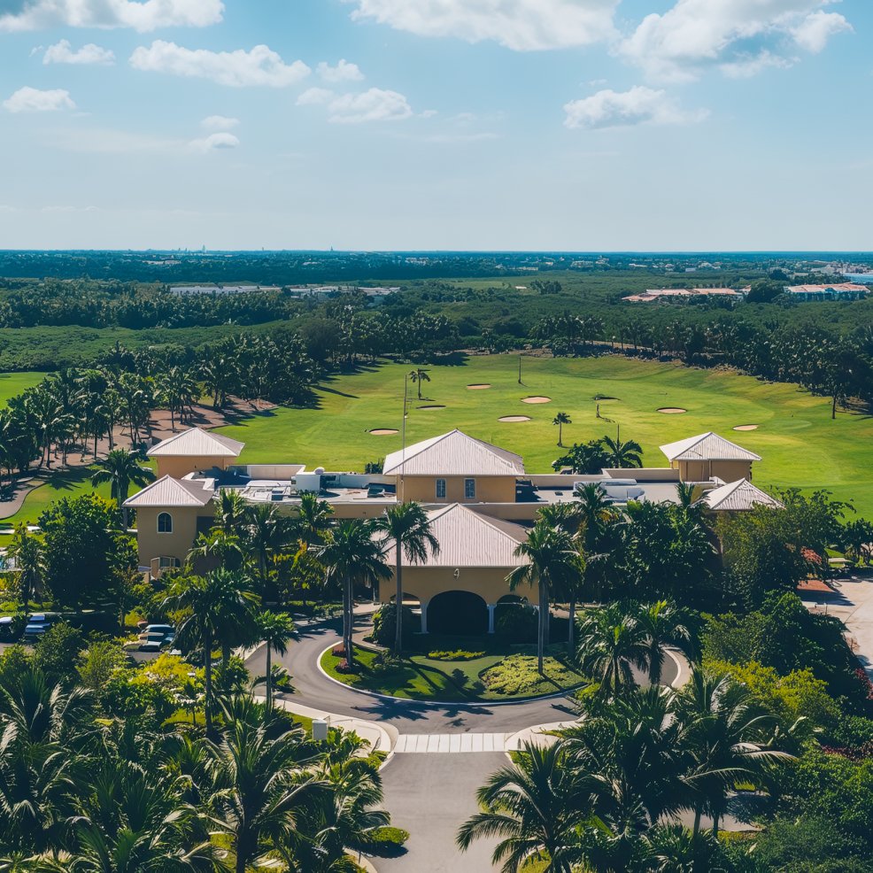A breathtaking aerial view of a golf course, featuring a charming clubhouse and verdant surroundings, perfect for a destination wedding.