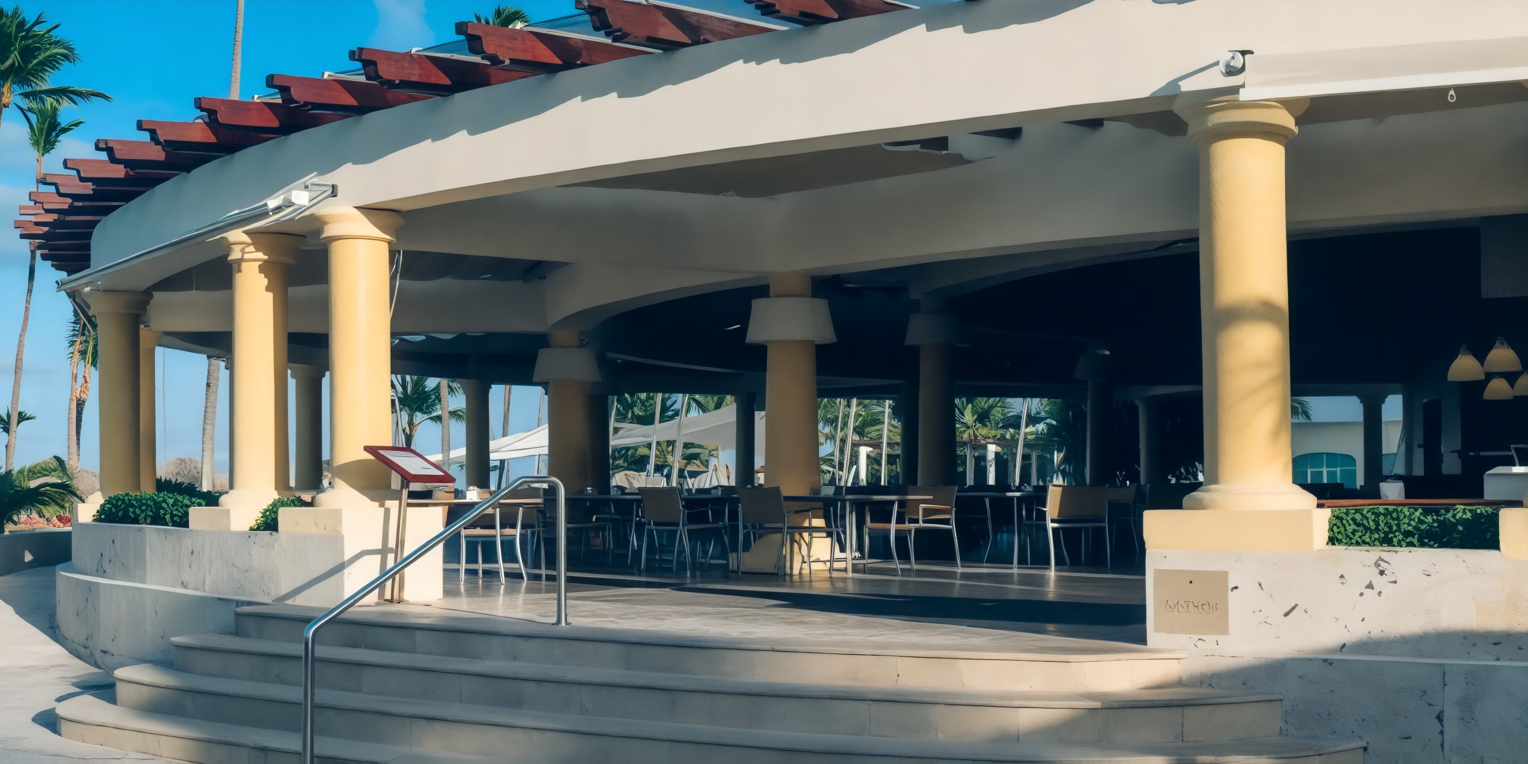 JOIA Bavaro by Iberostar: The perfect destination wedding venue, featuring open-air spaces, elegant columns, empty chairs ready to be filled with loved ones, and picturesque palm trees.