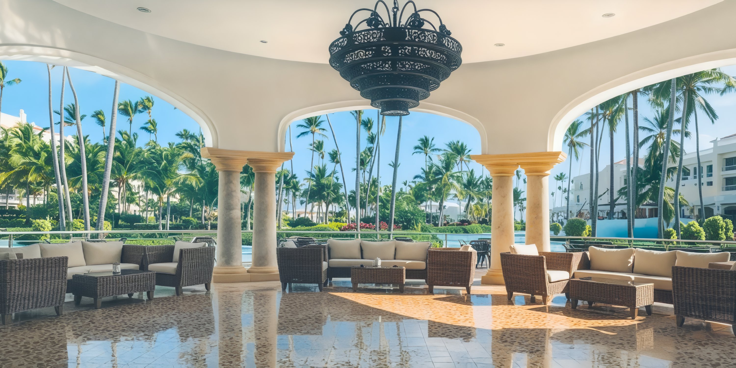 JOIA Bavaro by Iberostar is the perfect destination for a wedding, featuring a tropical lounge adorned with wicker sofas and a grand chandelier.