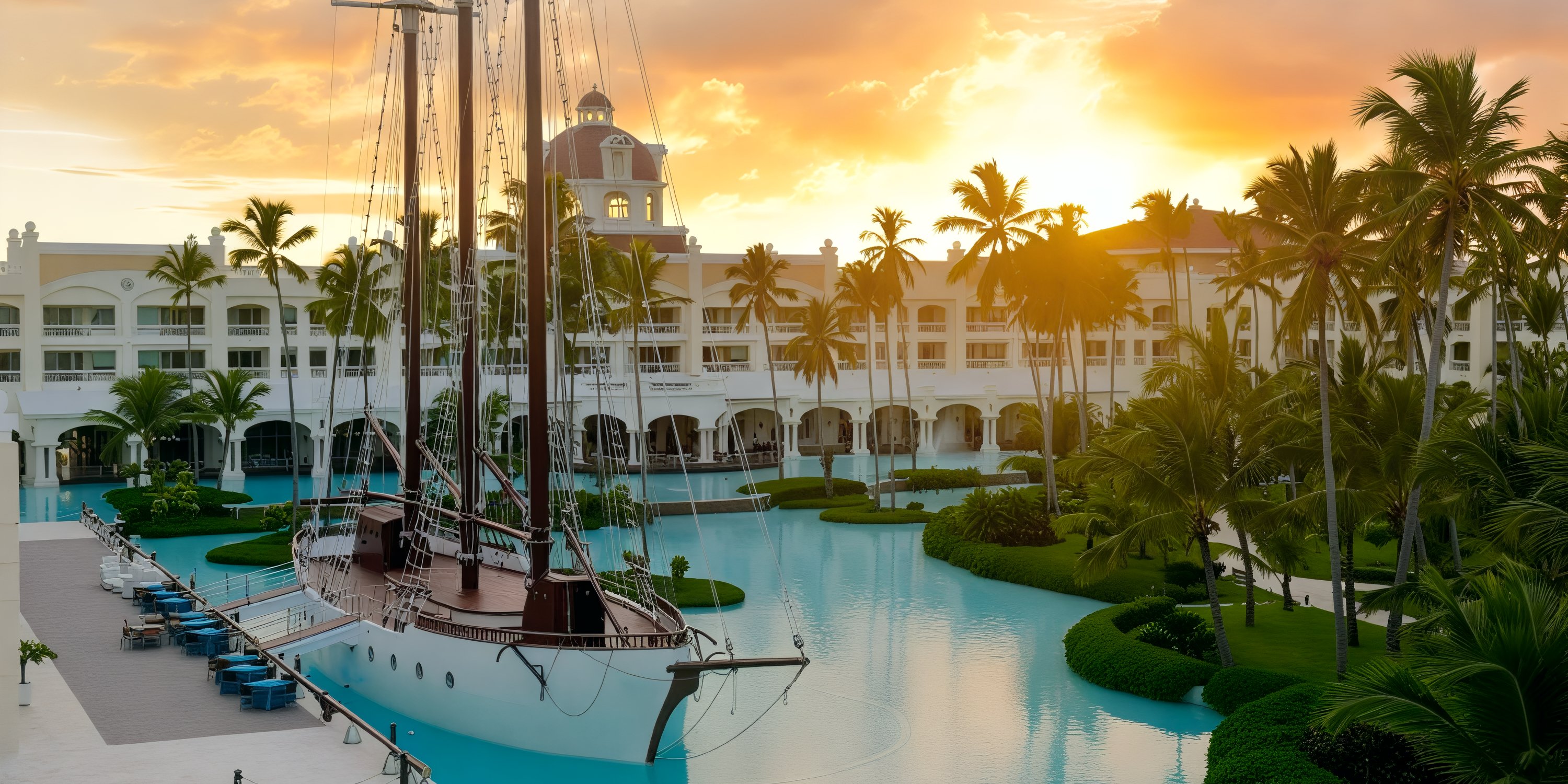 As the sun set, a tall ship was docked in the JOIA Bavaro pool, creating a picturesque scene with the grand building behind it – an ideal backdrop for a destination wedding.