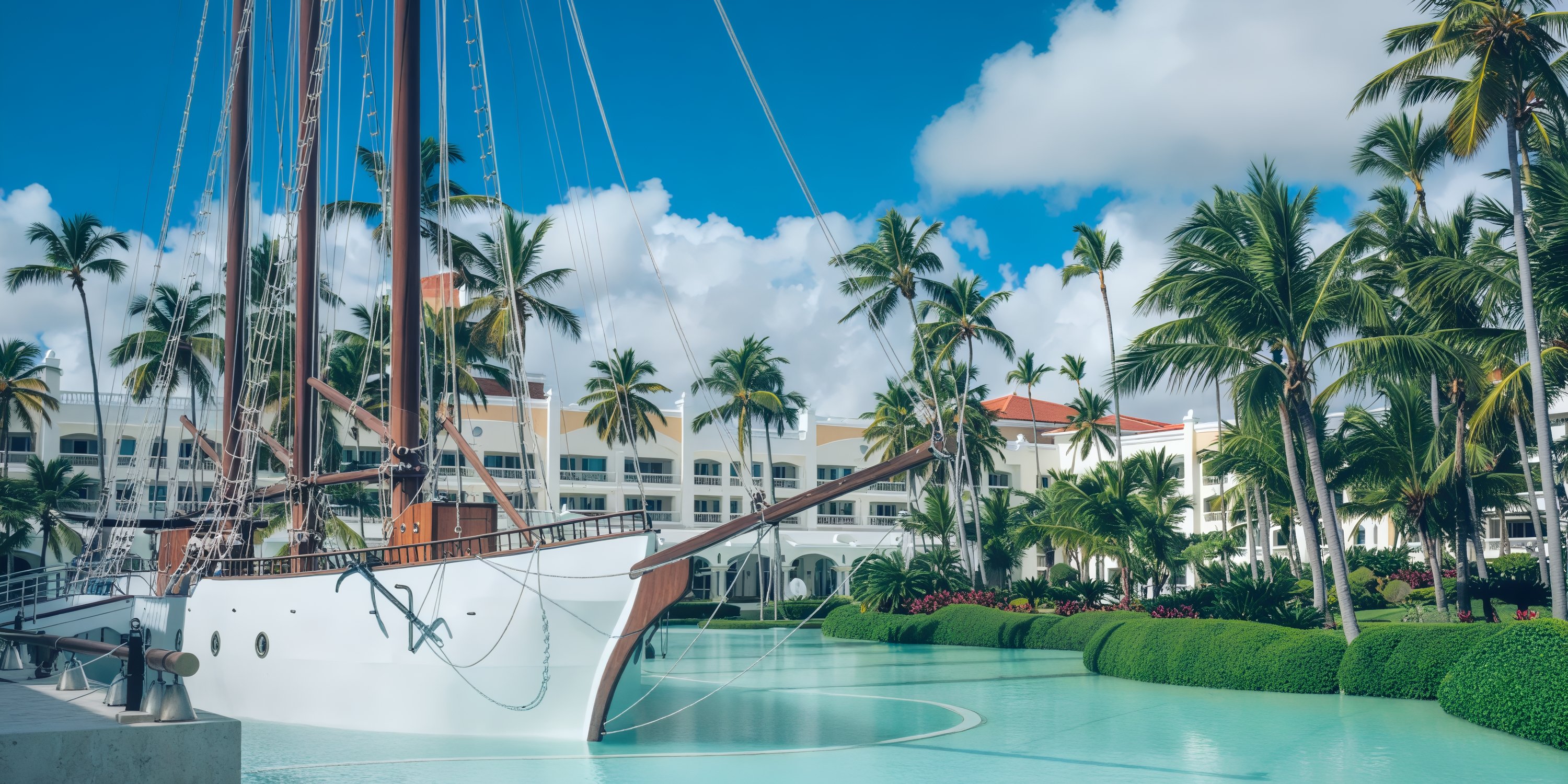 The picturesque JOIA Bavaro by Iberostar sets the perfect scene for a destination wedding, with its docked sailboat and palm trees swaying gently against the backdrop of a clear blue sky.