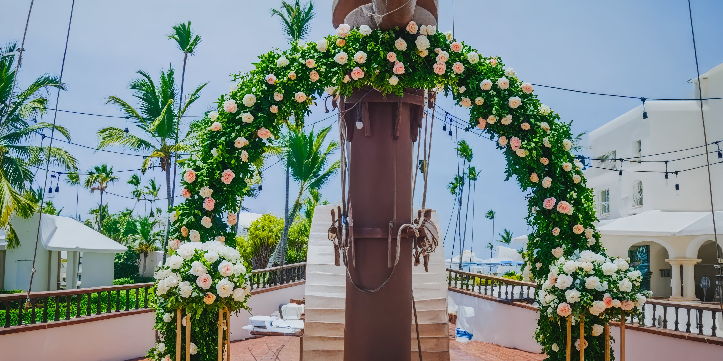 JOIA Bavaro by Iberostar: a picturesque scene featuring a floral arch perfect for a destination wedding, amidst lush palm trees and elegant stairs in the background.