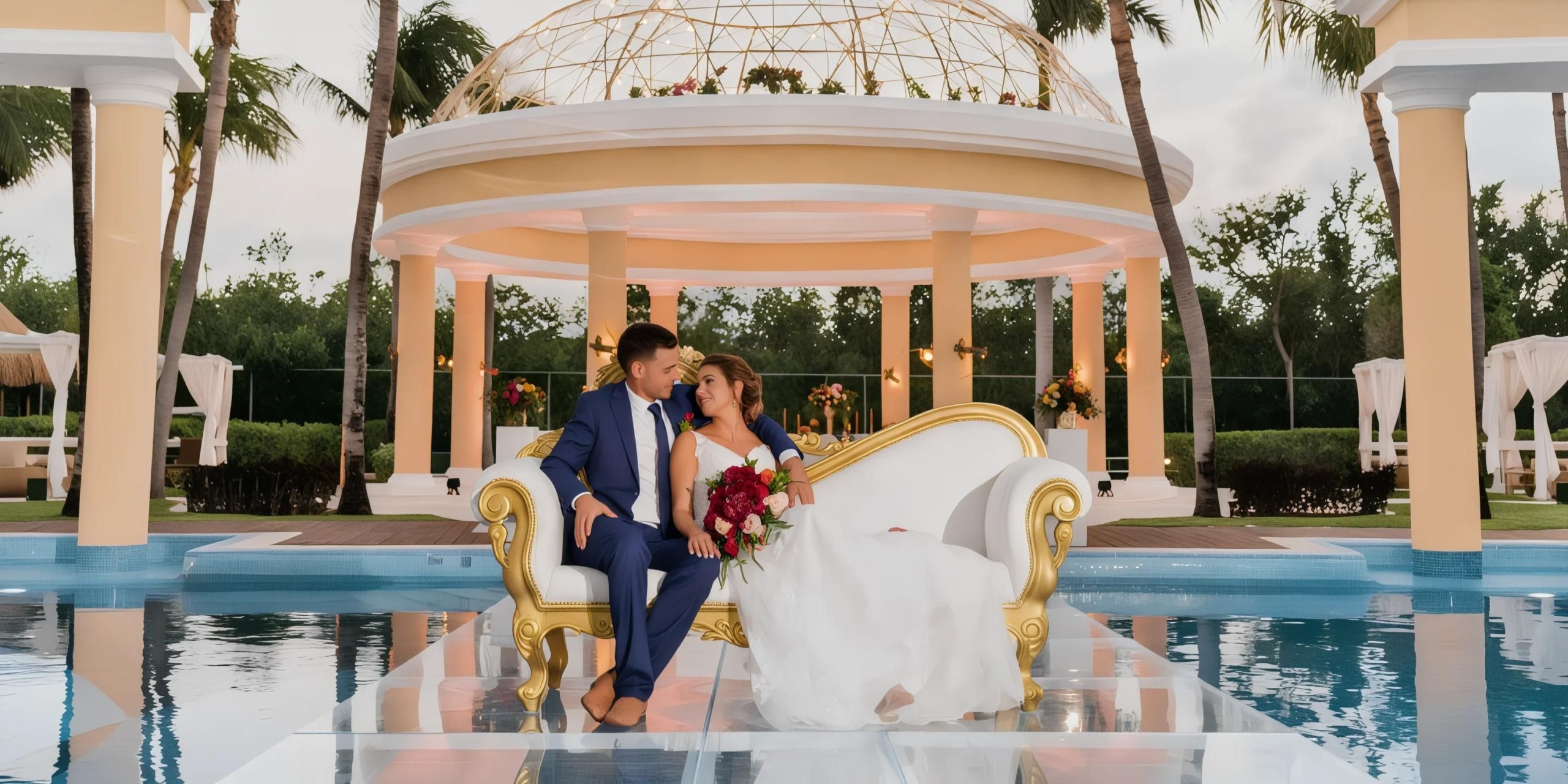 A couple in formal attire sits on a golden sofa under a domed gazebo by a pool, surrounded by elegant decor and palm trees.
