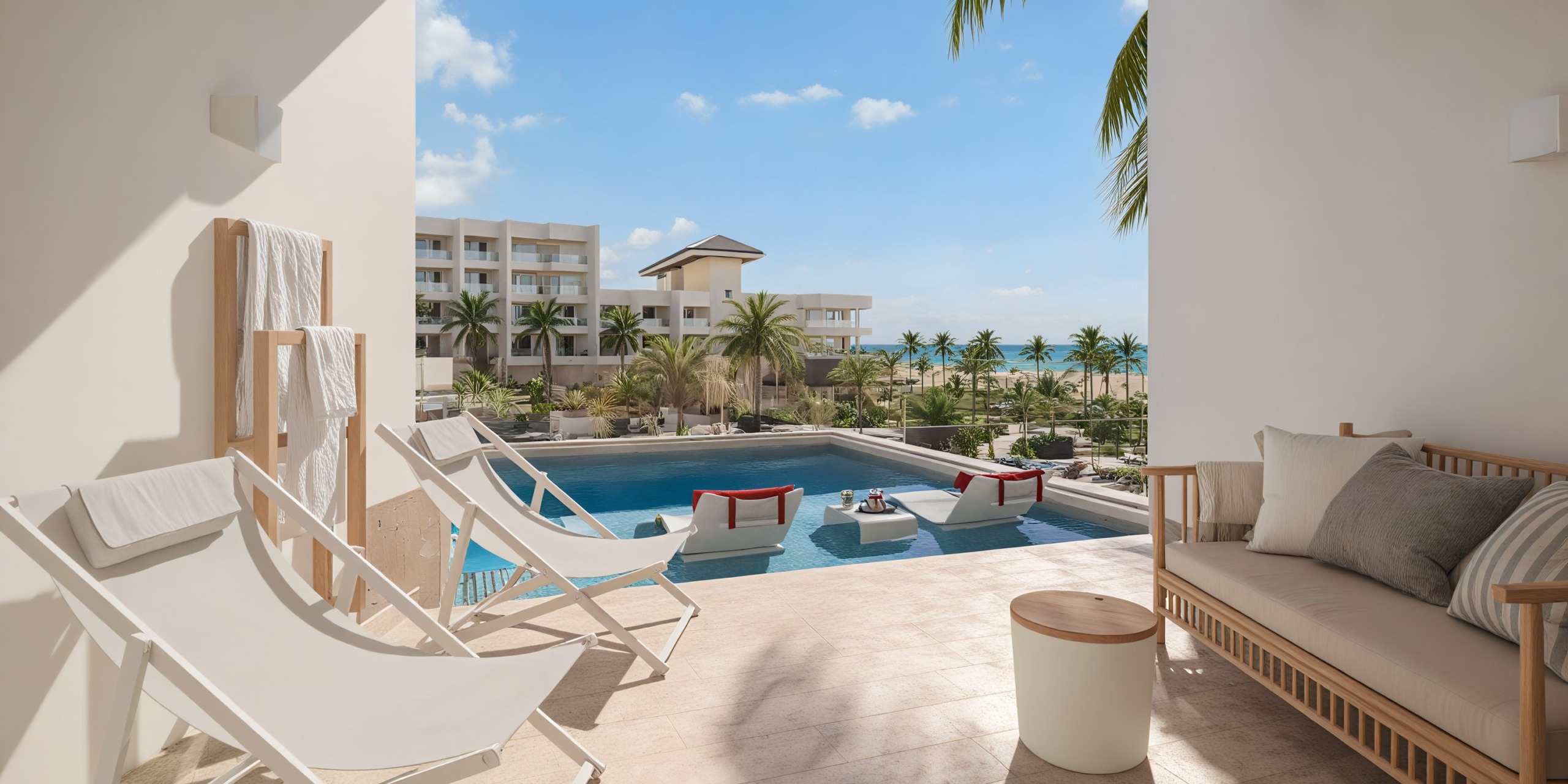 Experience the outdoor patio of JOIA Aruba by Iberostar, featuring lounge chairs, a sofa, and a small table. Relax as you overlook the pool with red floating beds and enjoy stunning views of the resort and the ocean in the background, with palm trees swaying gracefully nearby.