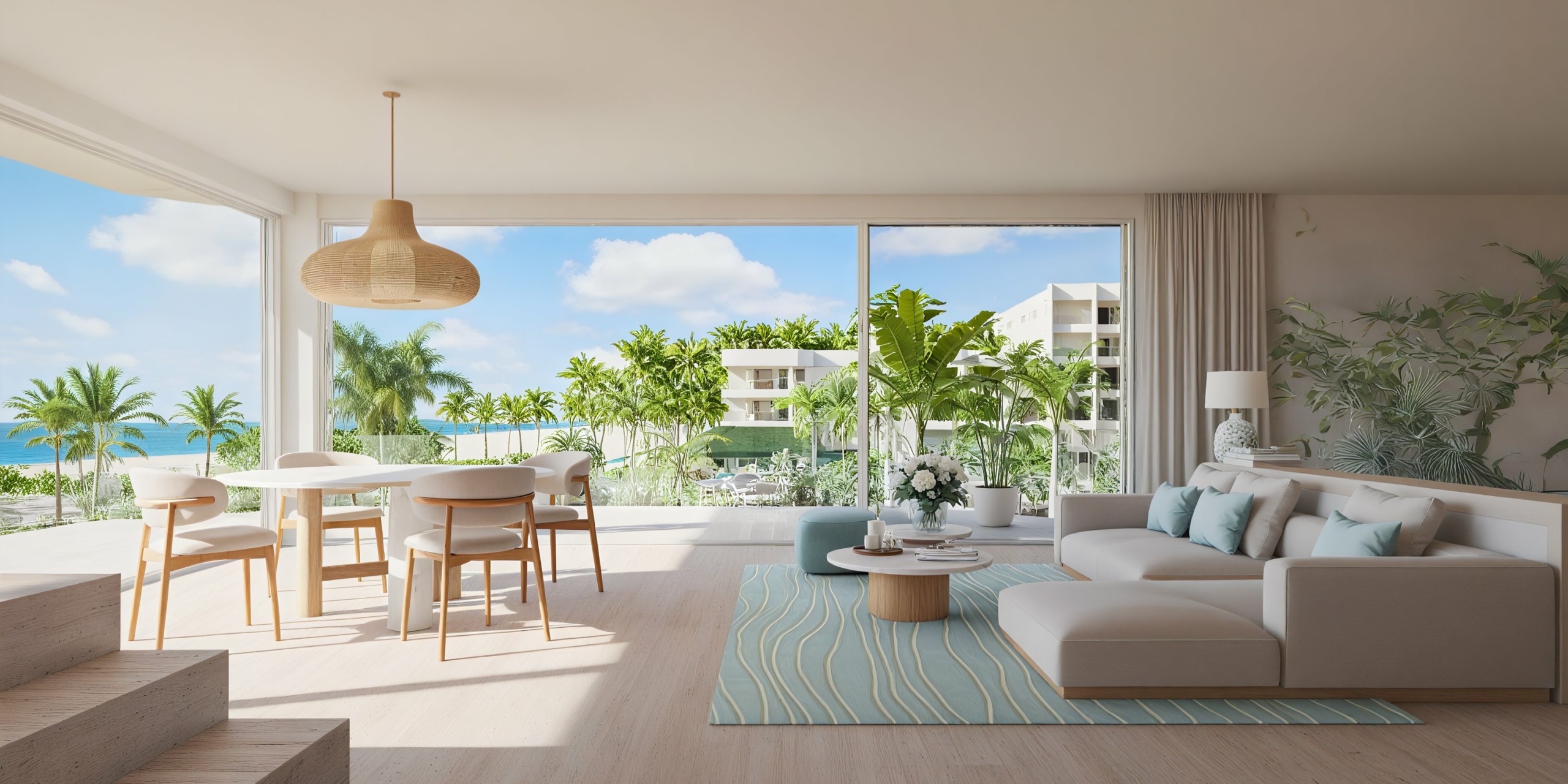 The modern living room at JOIA Aruba by Iberostar boasts large windows that offer expansive views of tropical scenery. The room is furnished with a white sectional sofa, a light wood dining table, and a blue patterned rug.