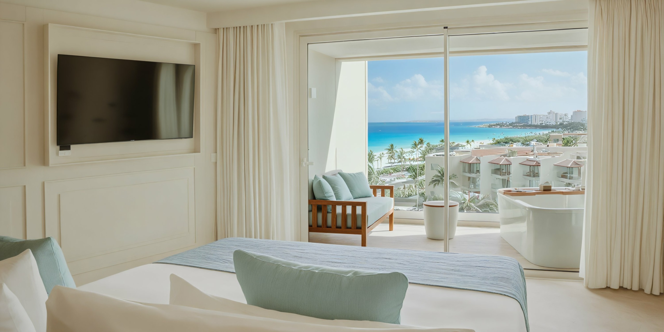 Experience a bright hotel room at JOIA Aruba by Iberostar, featuring a wall-mounted TV, neatly made bed, and balcony with an outdoor seating area and freestanding tub. Enjoy stunning views of the coastline with its blue ocean and white buildings.