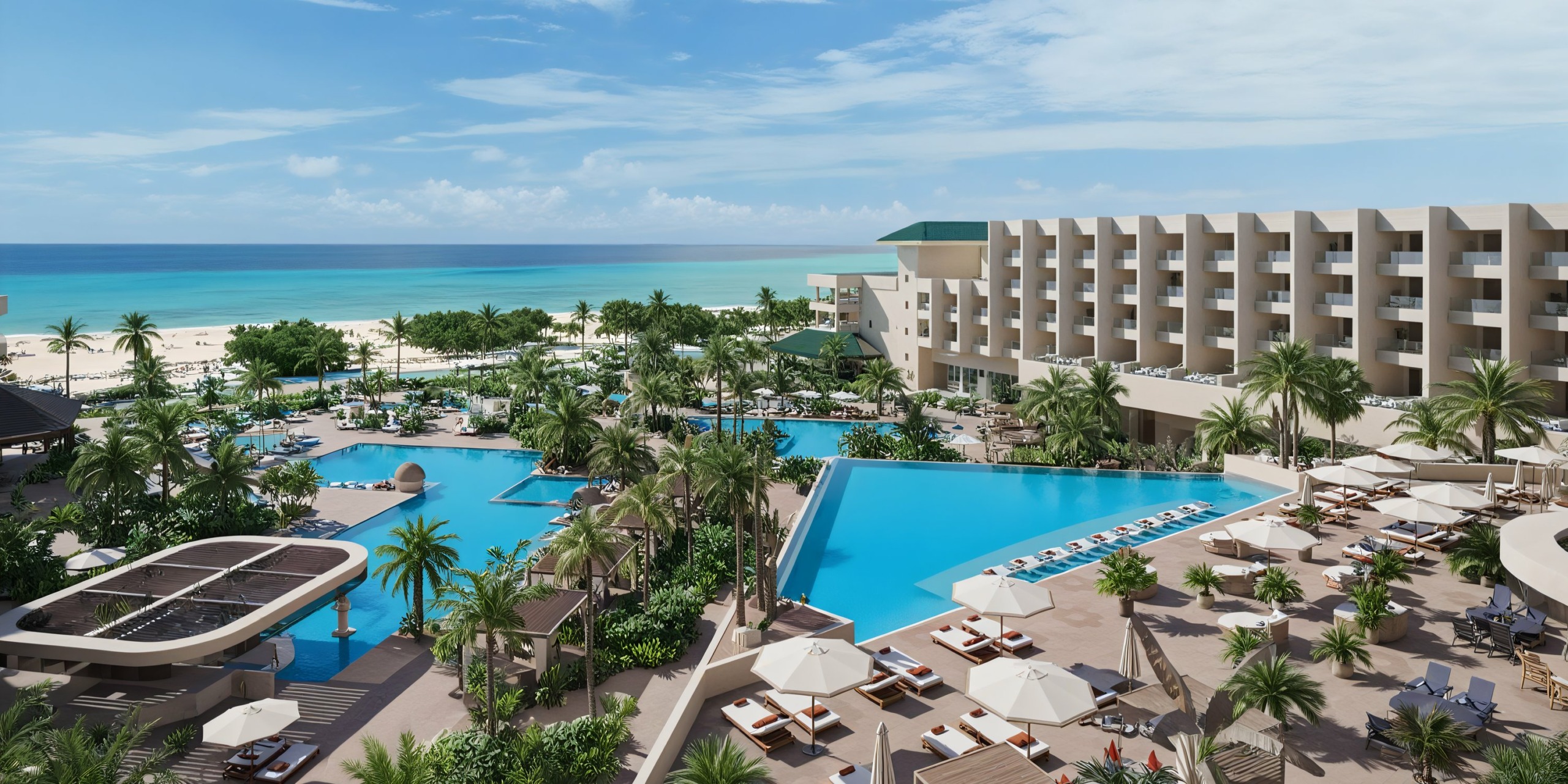 Aerial view of JOIA Aruba by Iberostar, a tropical beach resort featuring multiple outdoor pools, poolside lounging areas with umbrellas, palm trees, and a large modern hotel overlooking the beach and ocean.