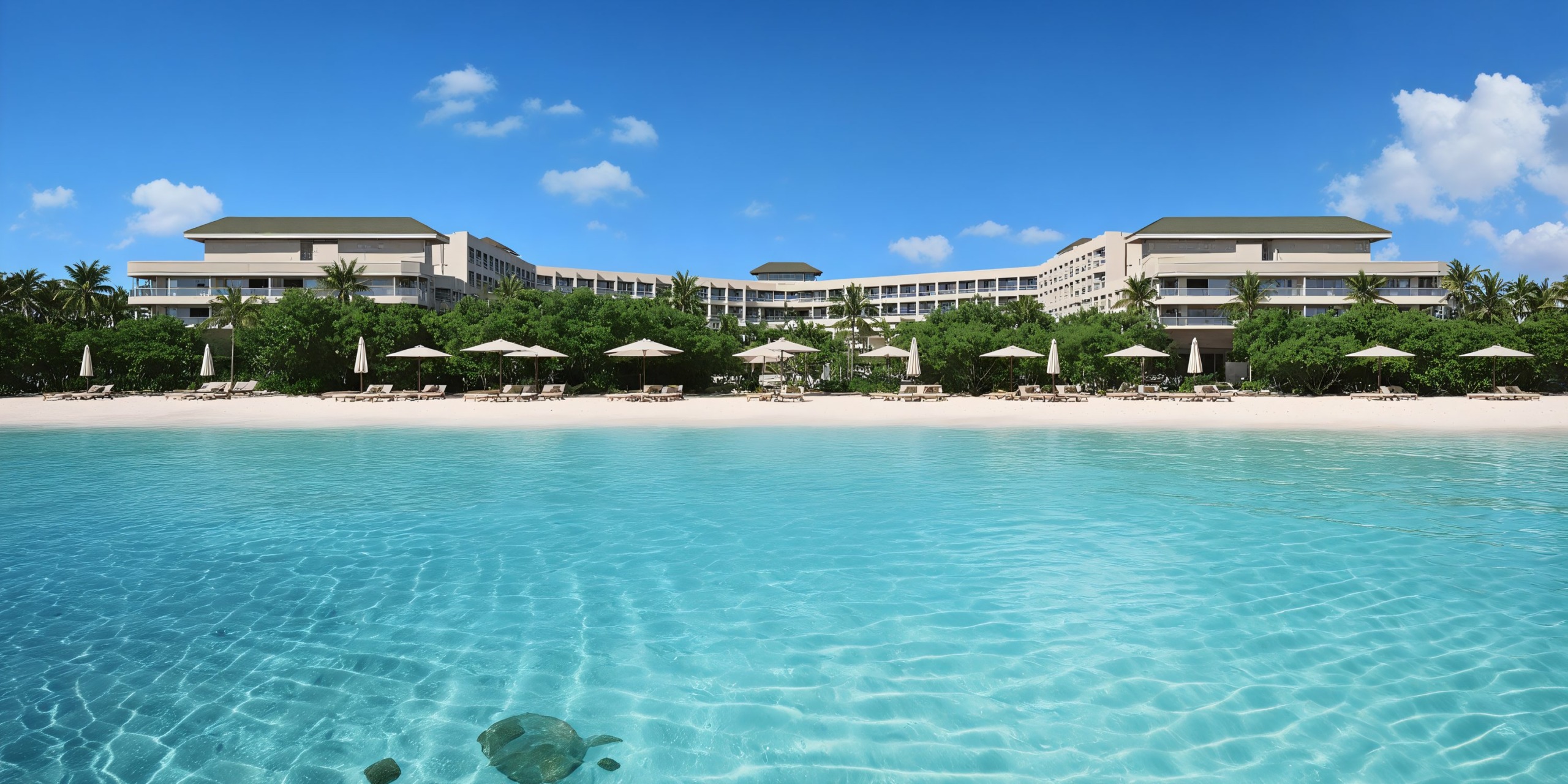 JOIA Aruba by Iberostar is a beachfront resort with multiple stories, bordered by lush greenery. A sandy shoreline adorned with lounge chairs and umbrellas stretches to meet the clear blue ocean water beneath a partly cloudy sky.