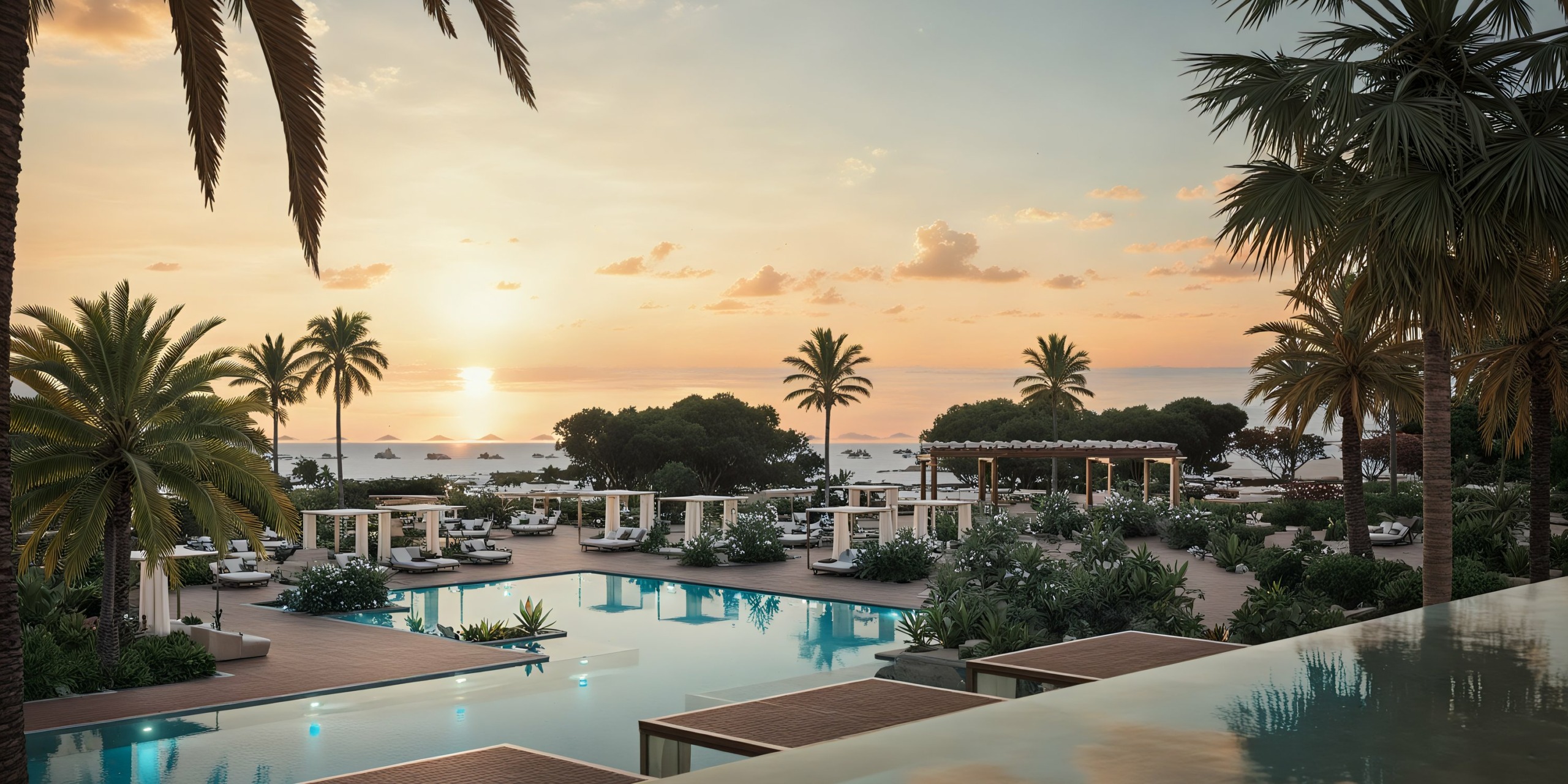 A serene resort pool area at JOIA Aruba by Iberostar, adorned with palm trees and lounge chairs, overlooks the ocean at sunset. The sky is tinged with warm colors.