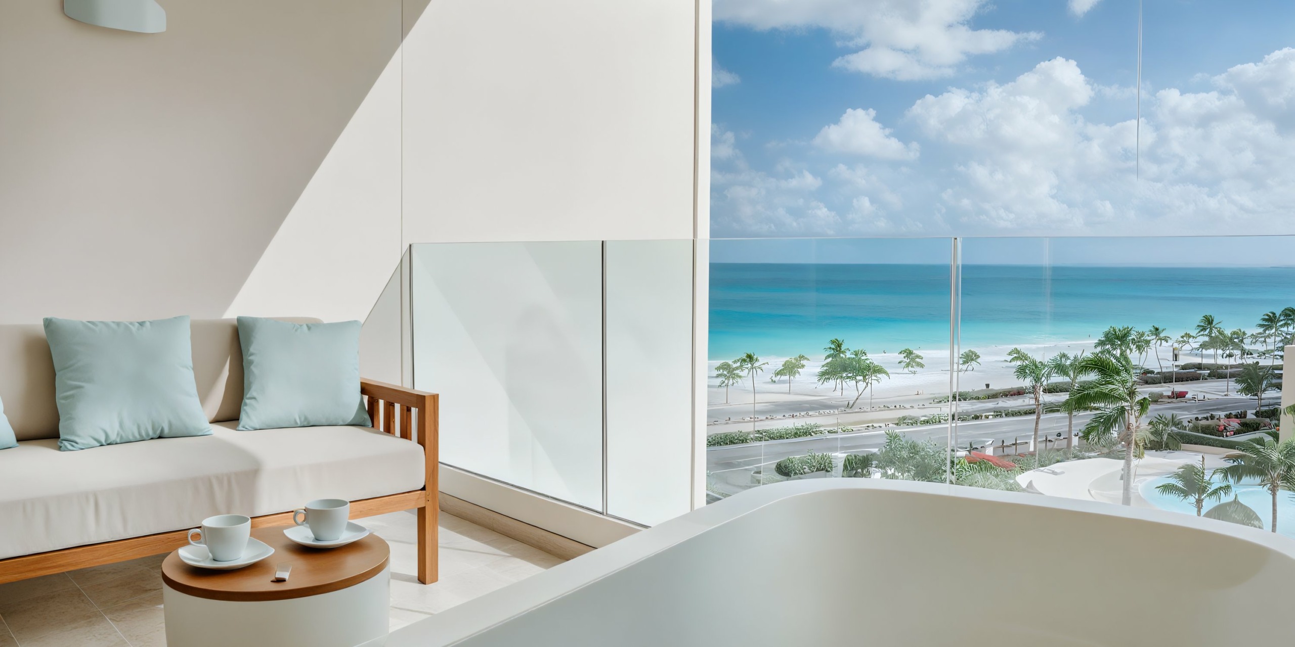 In a modern JOIA Aruba by Iberostar room with a view of the beach, there is a white couch adorned with light blue cushions, a small wooden table set with two teacups, and a large window offering stunning vistas of the ocean and palm trees.
