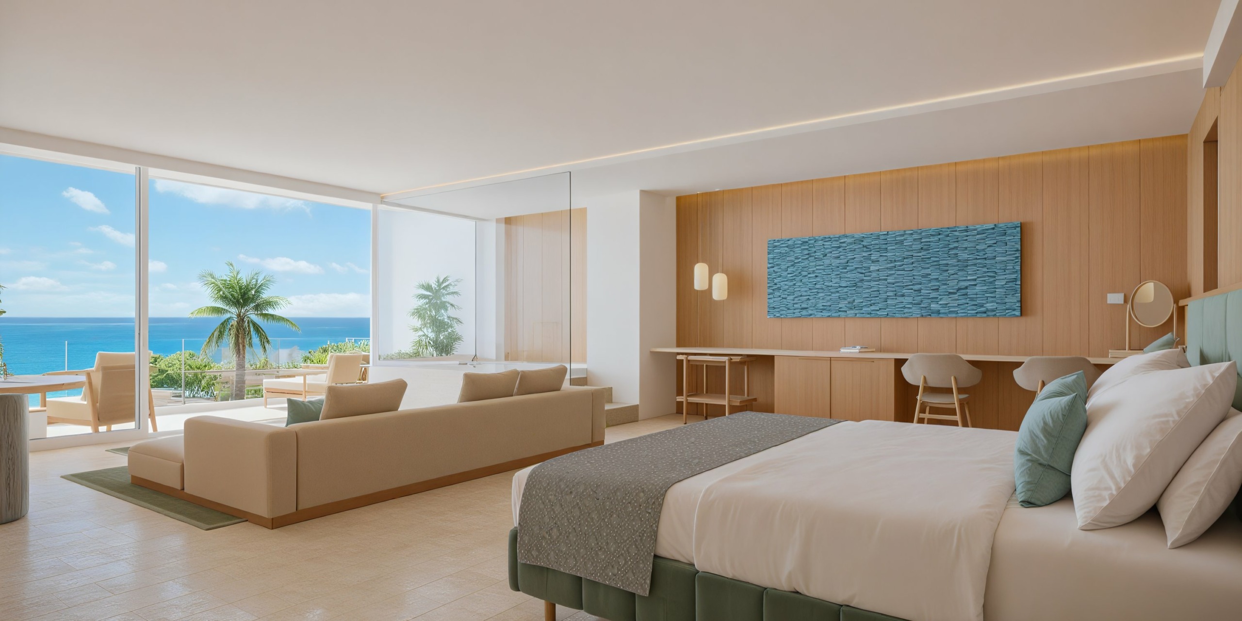 Enjoy a modern and spacious stay at JOIA Aruba by Iberostar, featuring a large bed, seating area, desk, and balcony with stunning ocean and palm tree views. The room boasts light-colored wooden accents and calming decor.