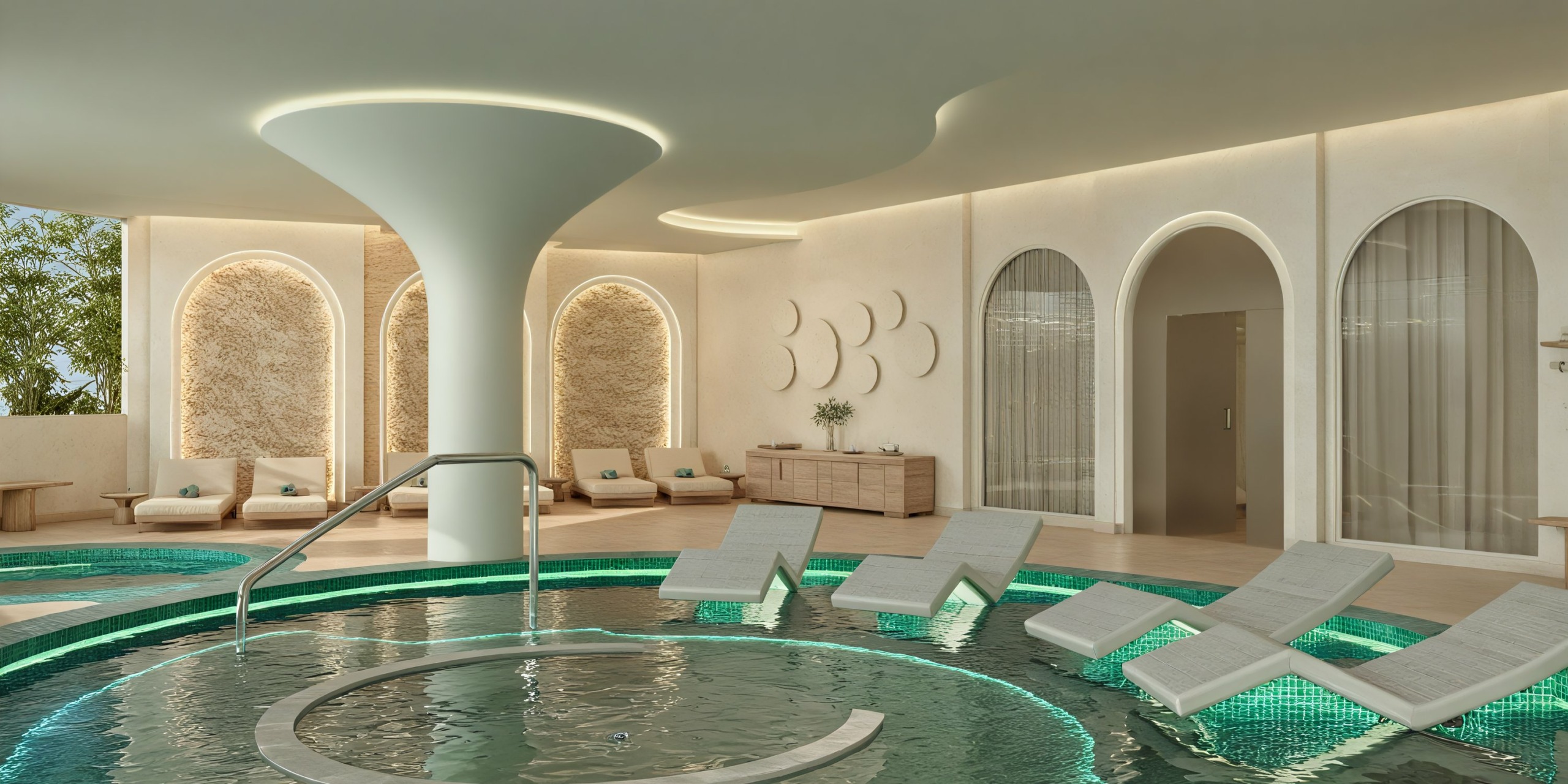 The JOIA Aruba by Iberostar features a contemporary indoor spa area complete with circular pools, submerged lounge chairs, a tall white pillar, and elegantly arched doorways. The ambiance is enhanced by a calming beige color scheme and gentle lighting.