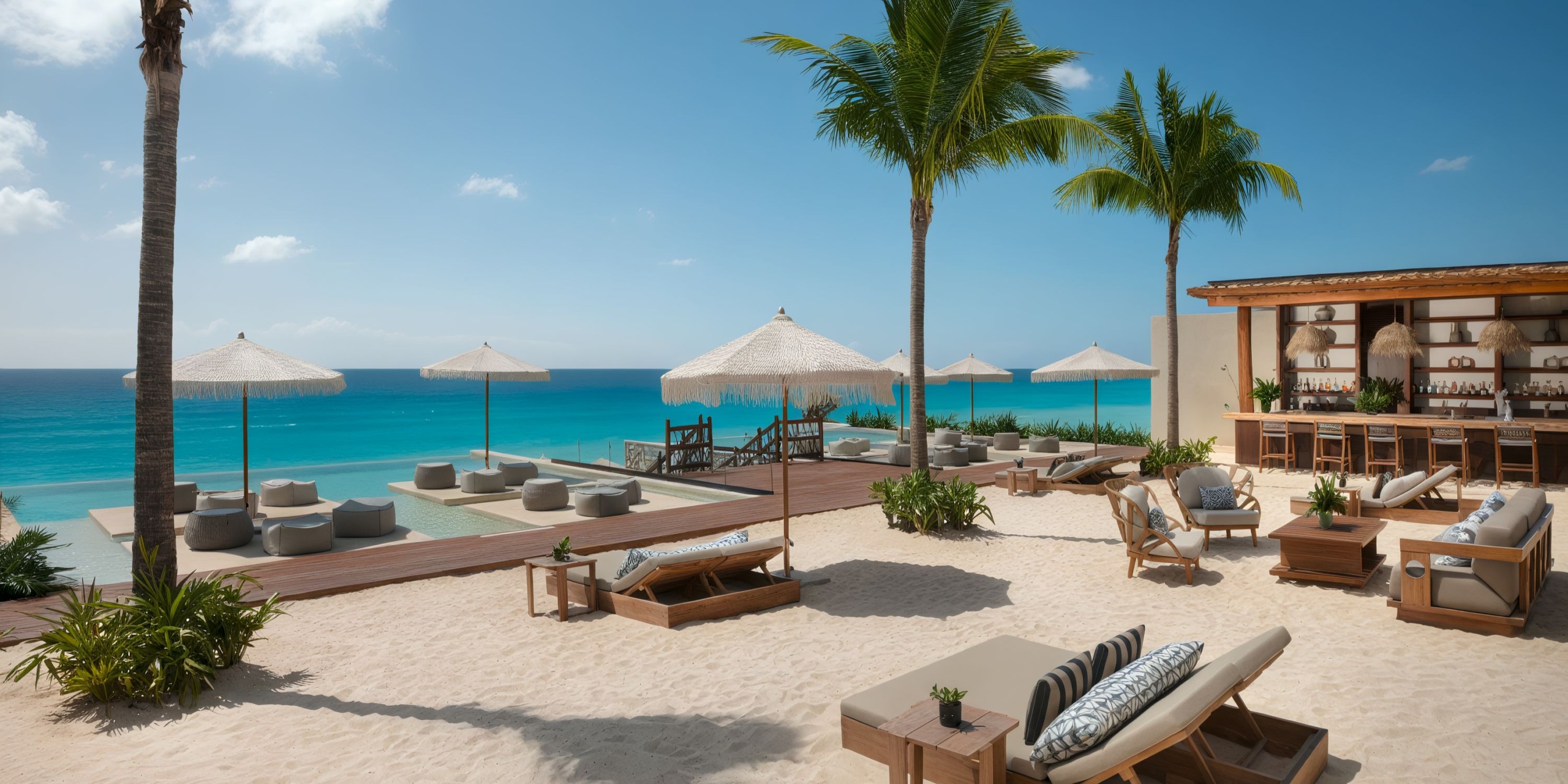 Experience the Hyatt Vivid Grand Island's beachfront lounge, complete with sunbeds, umbrellas, and palm trees alongside a bar. Enjoy breathtaking views of the clear blue ocean on a sunny day.