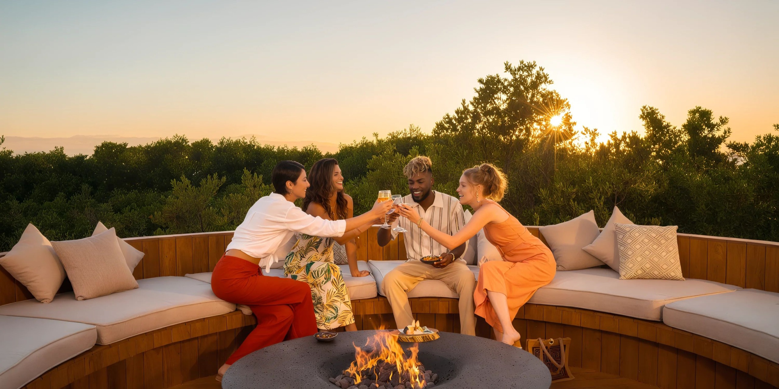 Four individuals gather around a circular fire pit under the setting sun, lifting their glasses in celebration. They relax on an outdoor curved sofa at Hyatt Vivid Grand Island, enveloped by the surrounding trees.