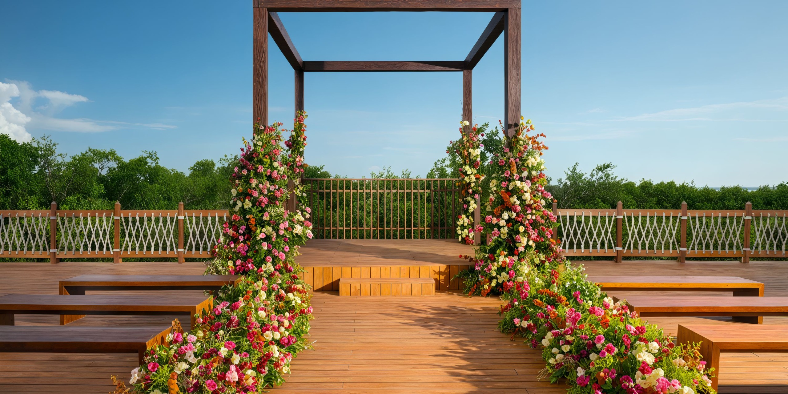 The Hyatt Vivid Grand Island features an outdoor wedding altar with a wooden canopy beautifully decorated with pink and white flowers, complemented by surrounding floral arrangements. The setting includes wooden benches and is set against a backdrop of a clear blue sky.