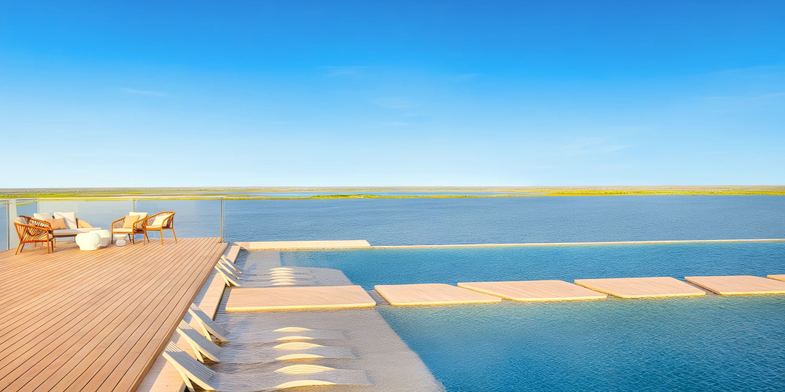 The infinity pool at the Hyatt Vivid Grand Island features submerged loungers that offer views of a vast, serene body of water. On the adjoining wooden deck, two wicker chairs sit beneath a clear blue sky.