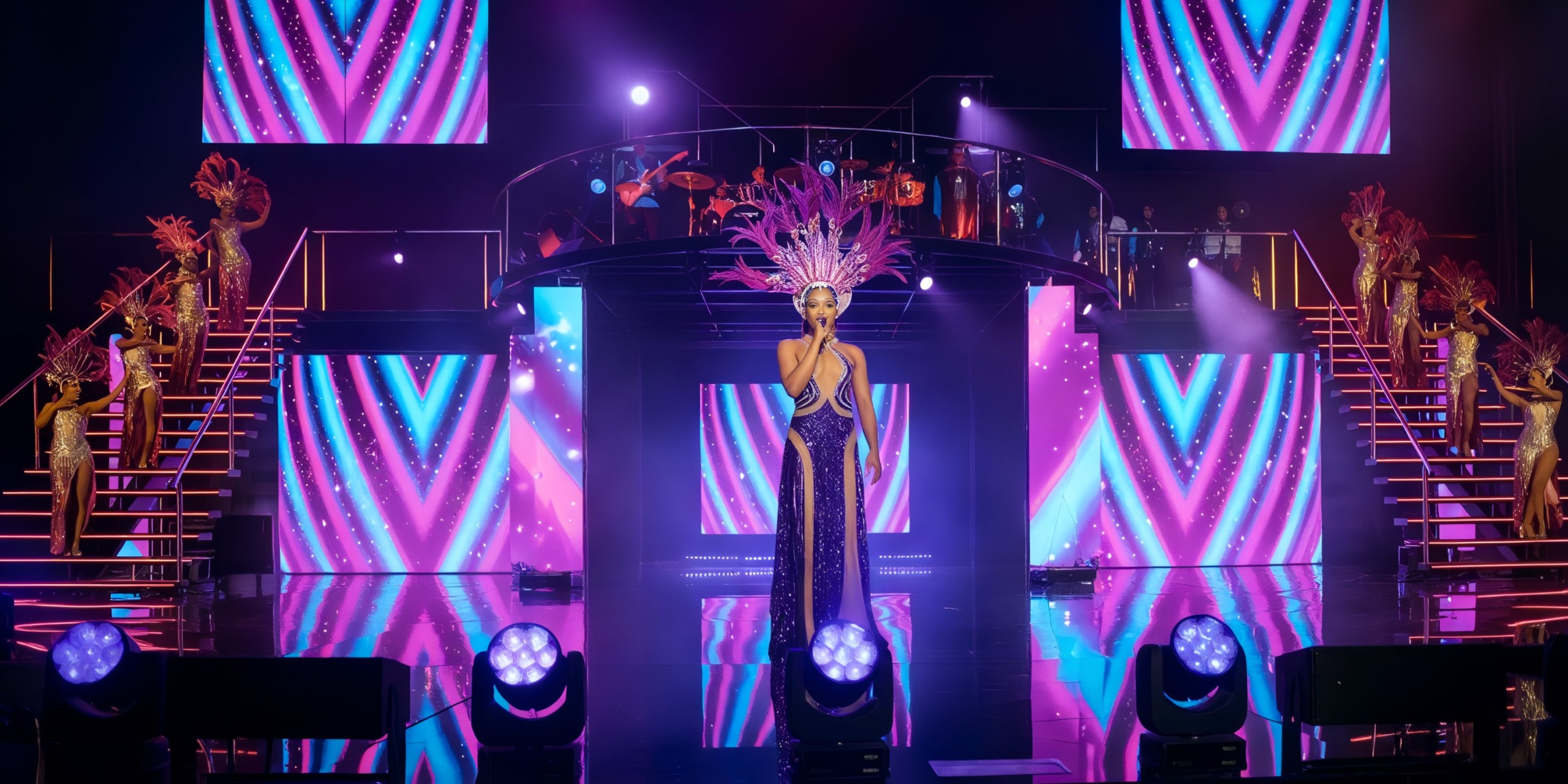 At Lopesan Costa Bavaro, a performer in a dazzling gown and headdress sings on stage, surrounded by colorful lights and dancers in vibrant costumes.