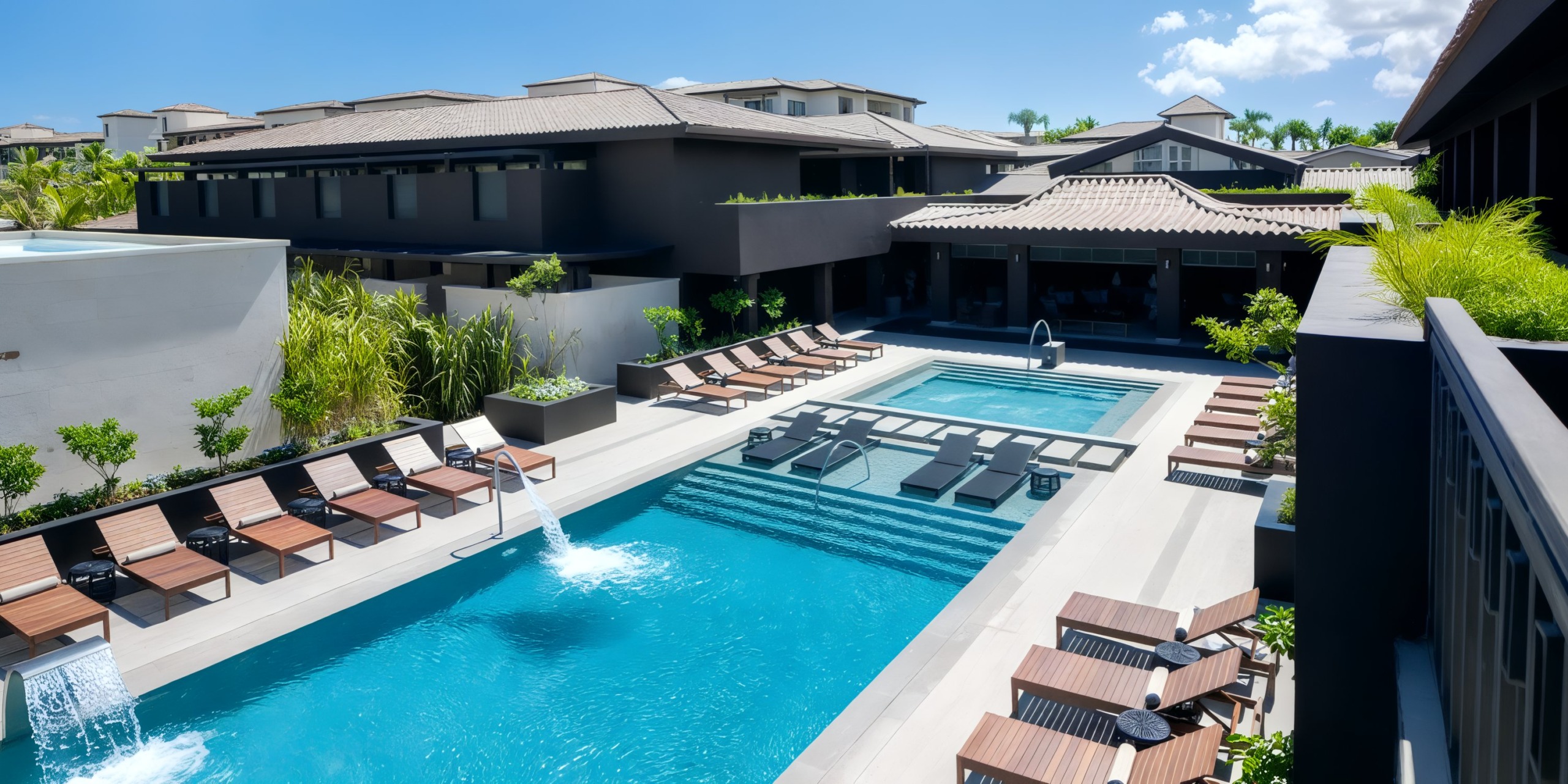 The Lopesan Costa Bavaro features an outdoor pool area with lounge chairs, a small pool, and fountains, all surrounded by modern buildings under a clear blue sky.
