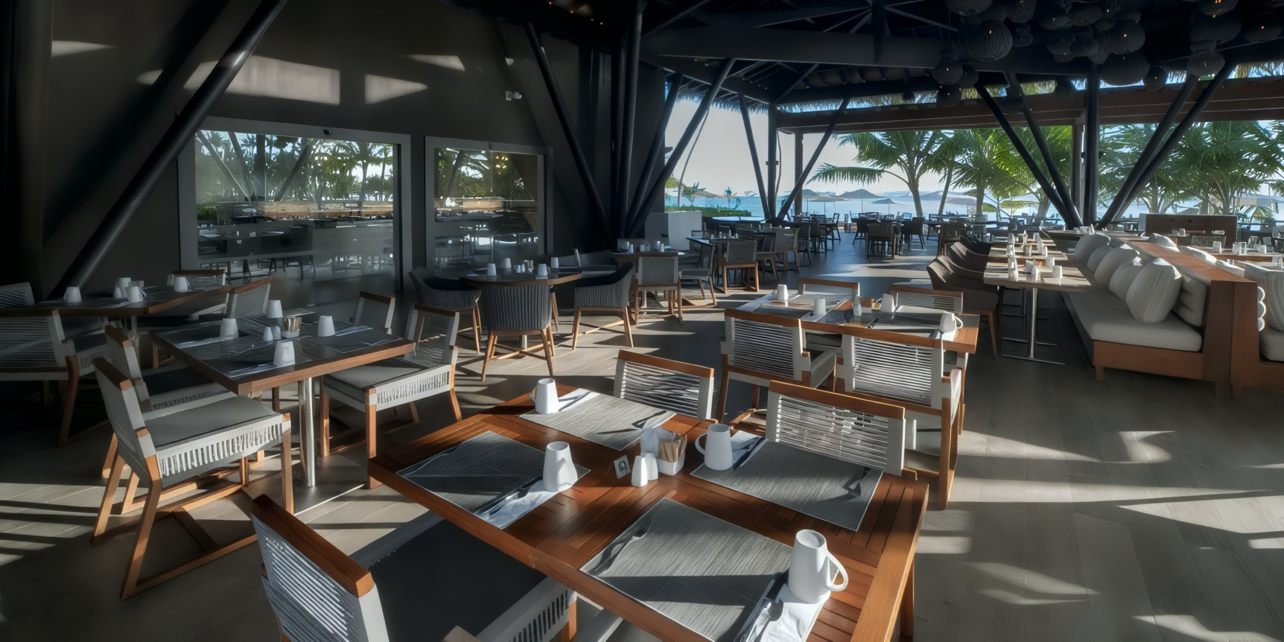 A vacant, contemporary space at Lopesan Costa Bavaro features wooden tables and chairs arranged for dining. Expansive windows offer a picturesque view of palm trees with the ocean in the background.