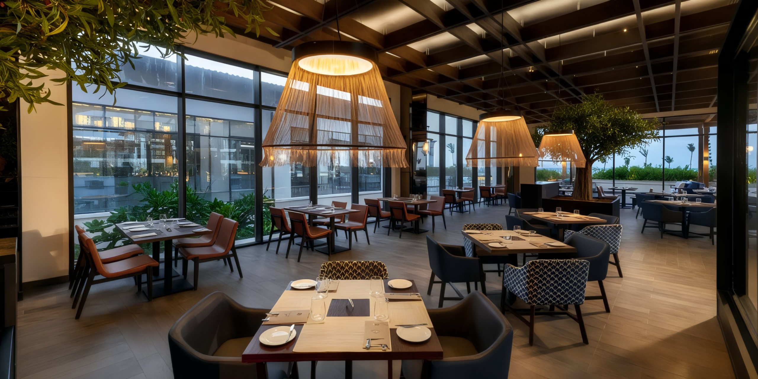 The interior of Lopesan Costa Bavaro features a modern restaurant design with large windows, a wooden ceiling, and contemporary lighting. Tables are elegantly set with white dishes, surrounded by brown and blue chairs.