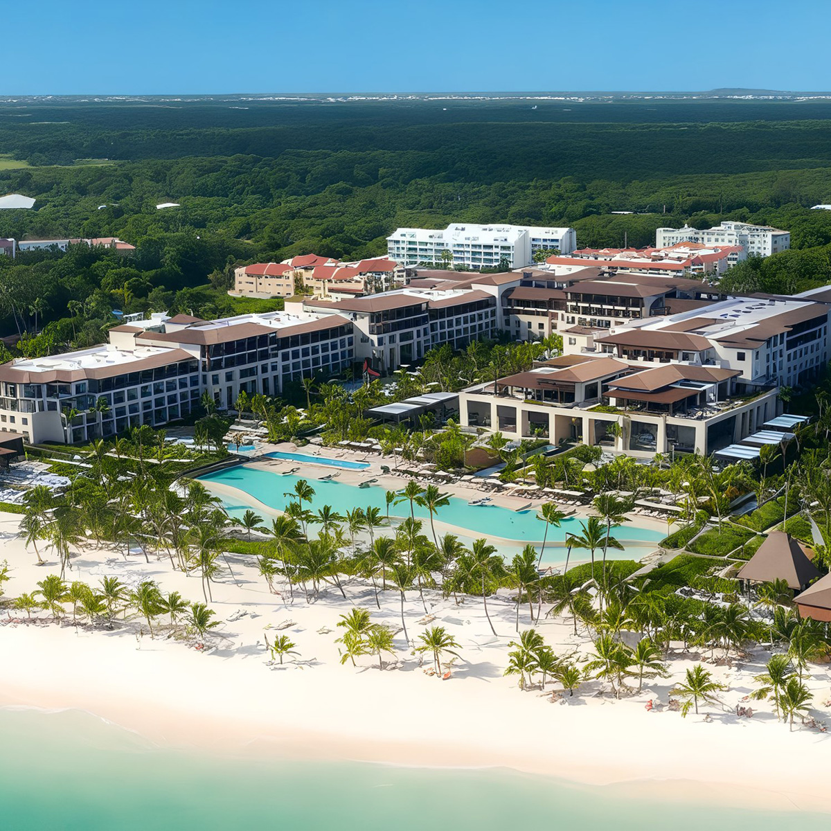 Aerial view of Lopesan Costa Bavaro, a beachfront resort featuring multiple buildings, a large central pool surrounded by palm trees, and nestled next to a white sandy beach with turquoise water.