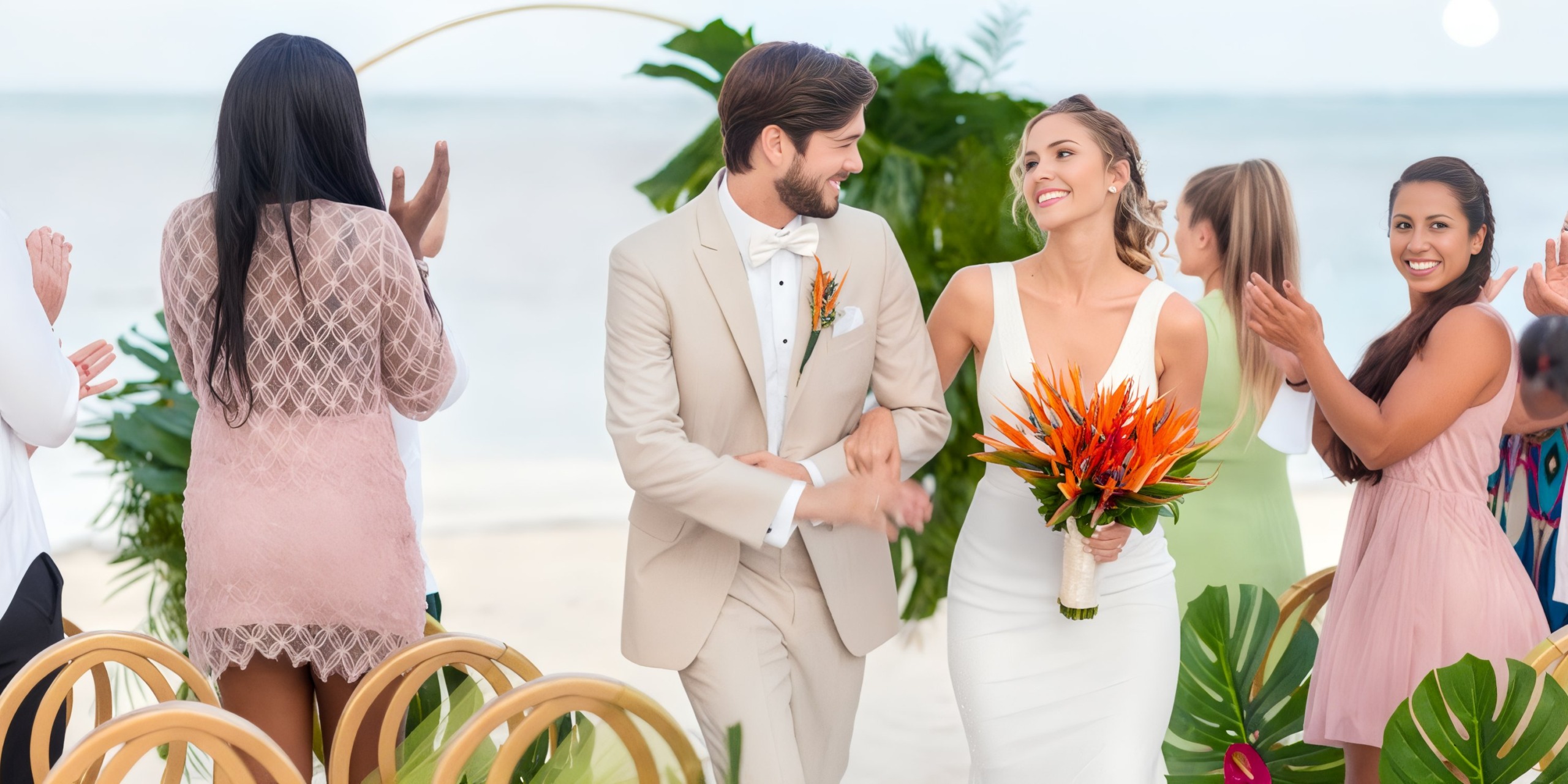 At the Lopesan Costa Bavaro, a bride and groom walk down an aisle on a beach, surrounded by applauding guests. The bride holds an orange bouquet, and the groom wears a beige suit, while large green leaves decorate the scene.