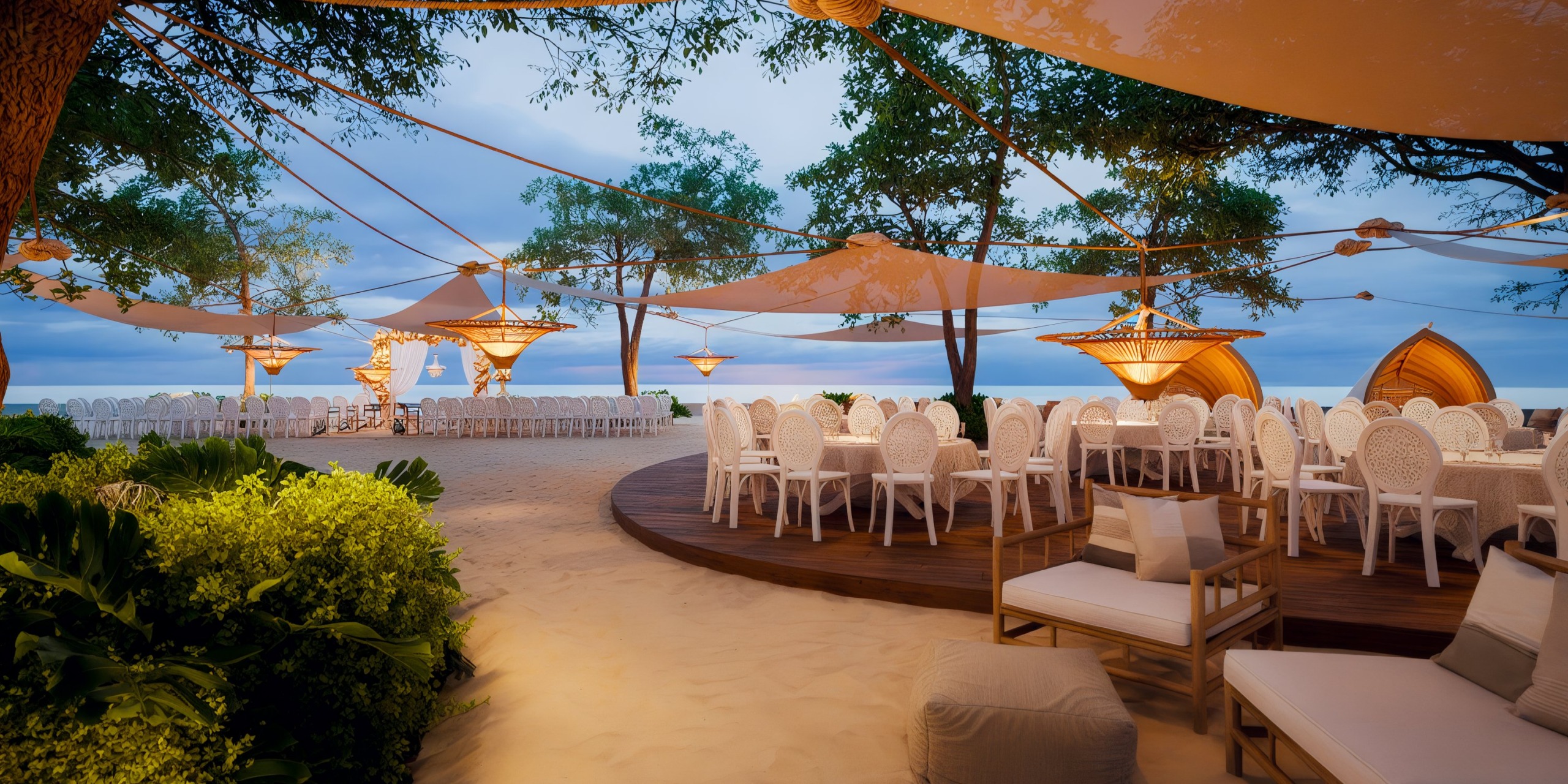 Princess Grand Jamaica: Transform your beach event with stylish white chairs and tables set beneath chic beige canopies. Elegant lighting fixtures elegantly dangle from trees while comfortable cushioned seating and lush greenery enhance the ambiance.