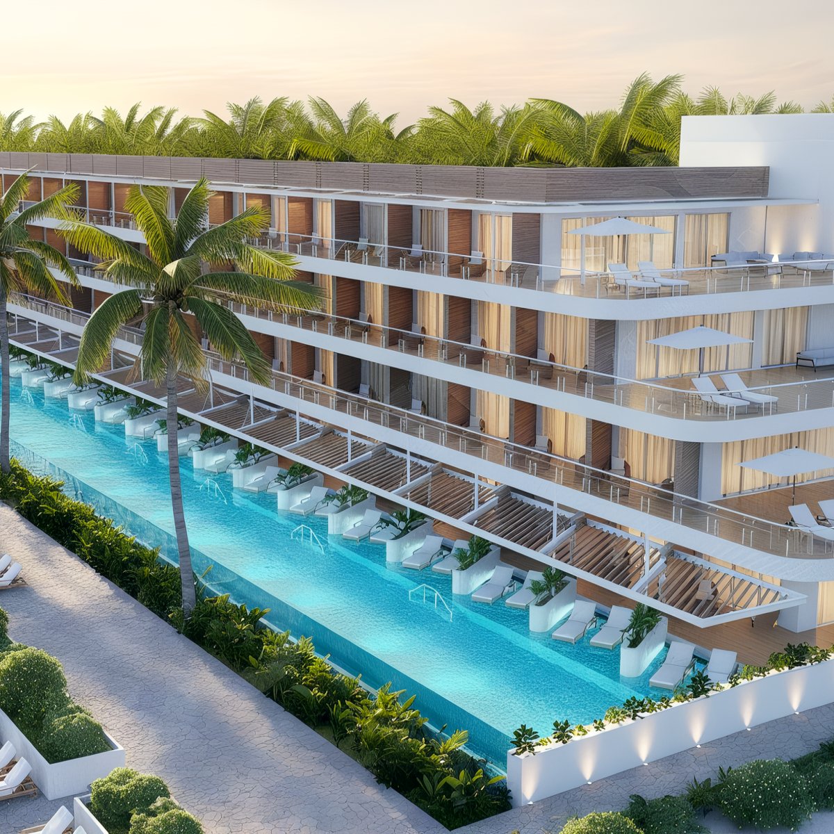 The Princess Grand Jamaica is a contemporary multi-story hotel featuring balconies that provide views of an elongated swimming pool, complete with lounge chairs and palm trees.