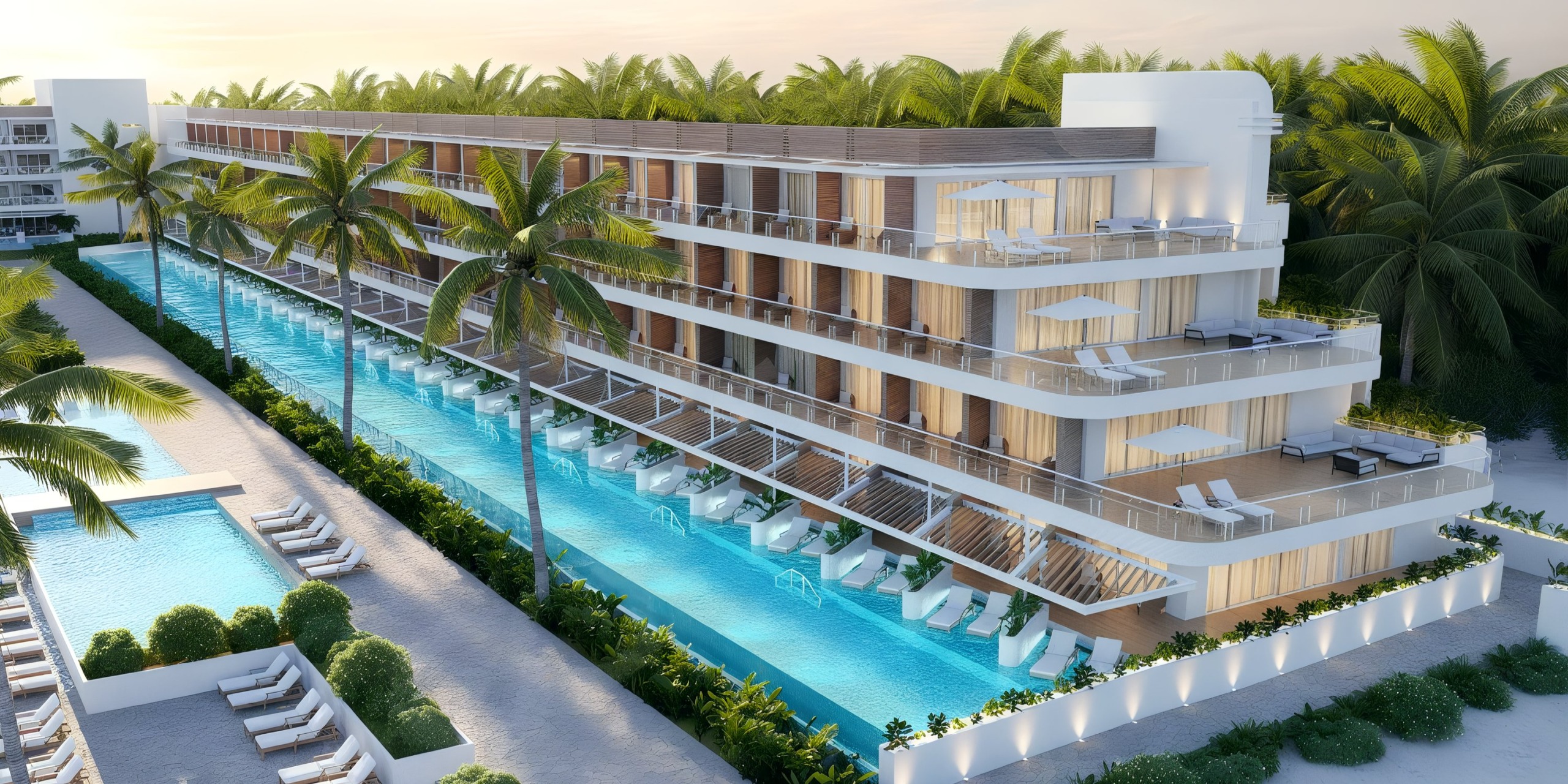 Princess Grand Jamaica is a contemporary resort featuring a multi-level design amidst palm trees. It boasts a central pool bordered by sun loungers and an adjacent rectangular pool.
