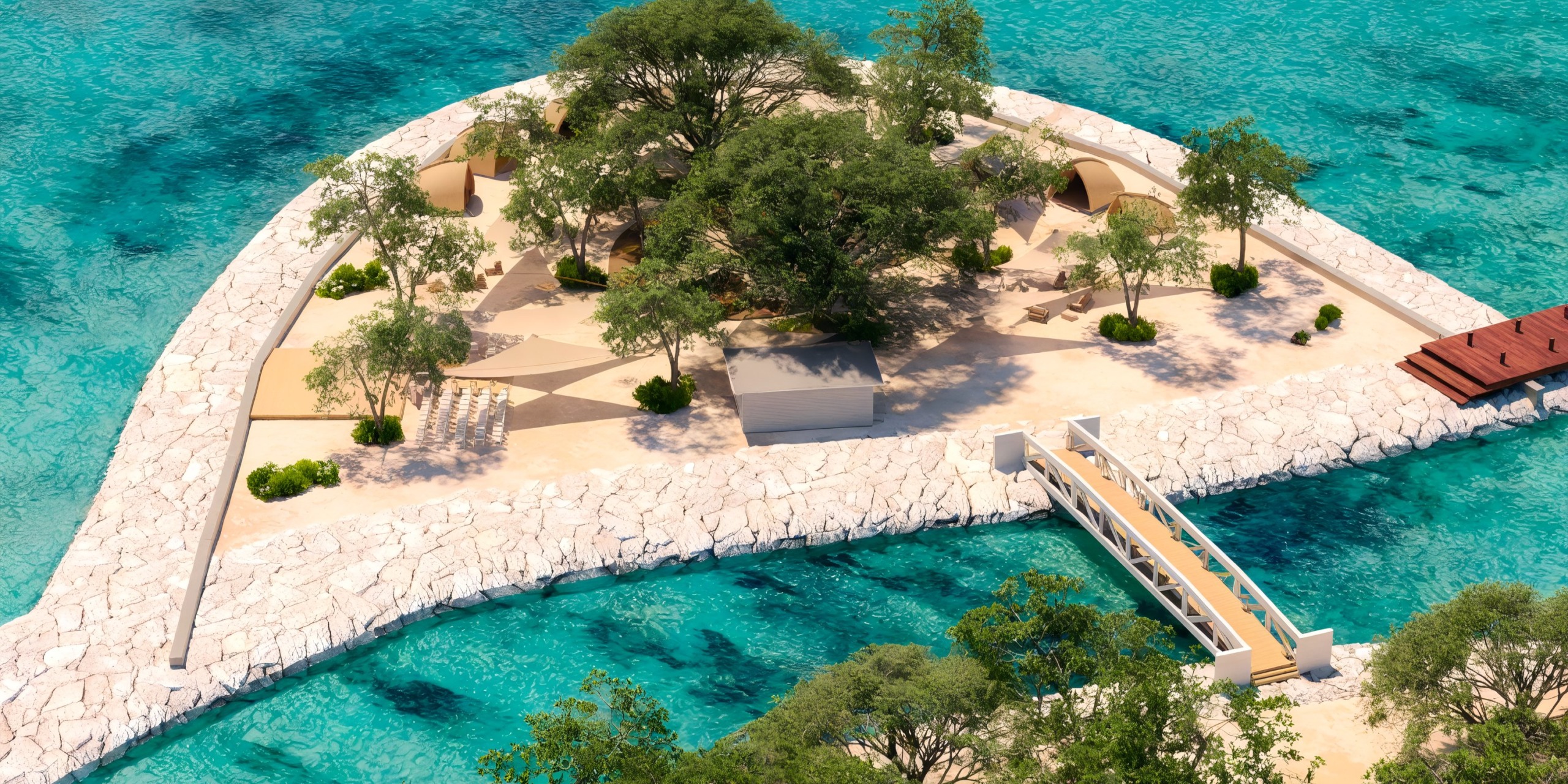 Discover the Princess Grand Jamaica, an idyllic small island featuring a stone walkway, lush trees, and shaded structures, all surrounded by vibrant turquoise waters. A picturesque bridge elegantly connects this tranquil oasis to another land area.