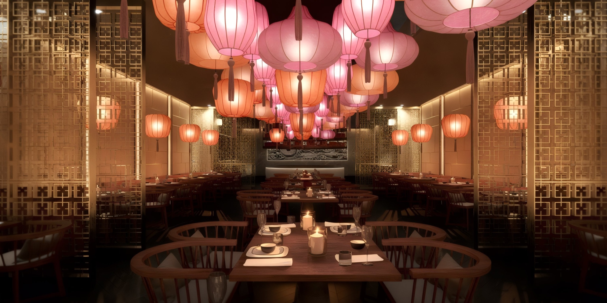 The interior of Princess Grand Jamaica is dimly lit, featuring wooden tables and chairs, with pink and orange lanterns suspended from the ceiling.