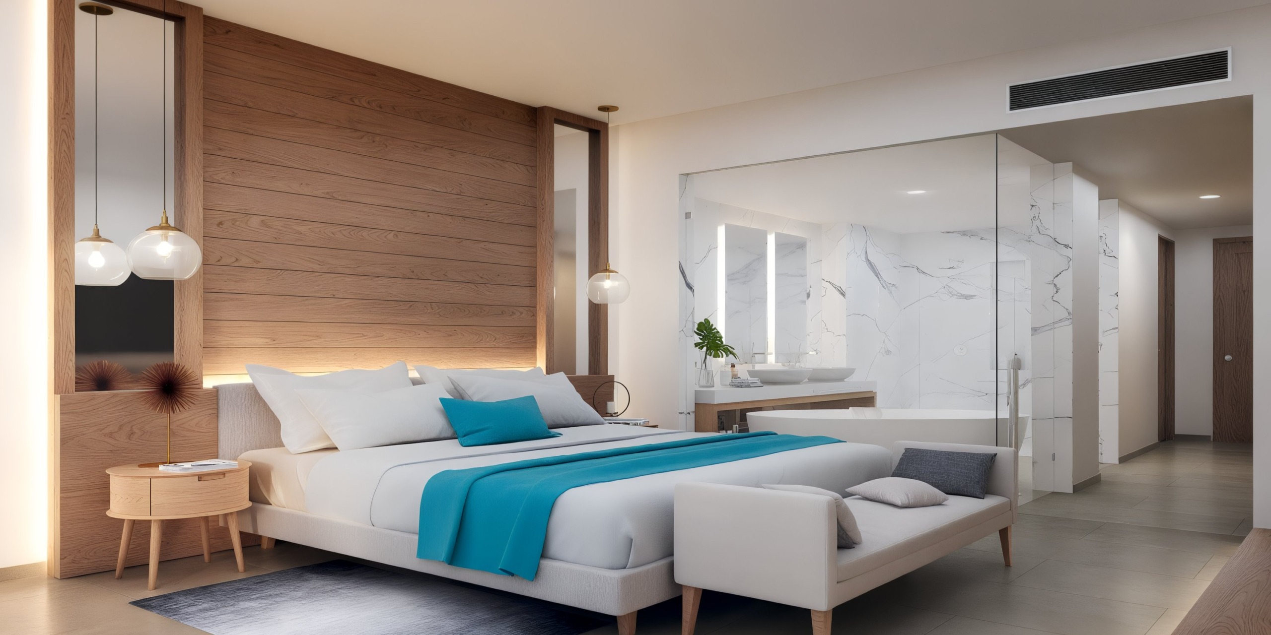 Discover the Princess Grand Jamaica, featuring a modern bedroom with a wooden accent wall, double bed adorned with a turquoise throw, bedside tables complemented by lamps, and a glass partition leading to an elegant marble bathroom.