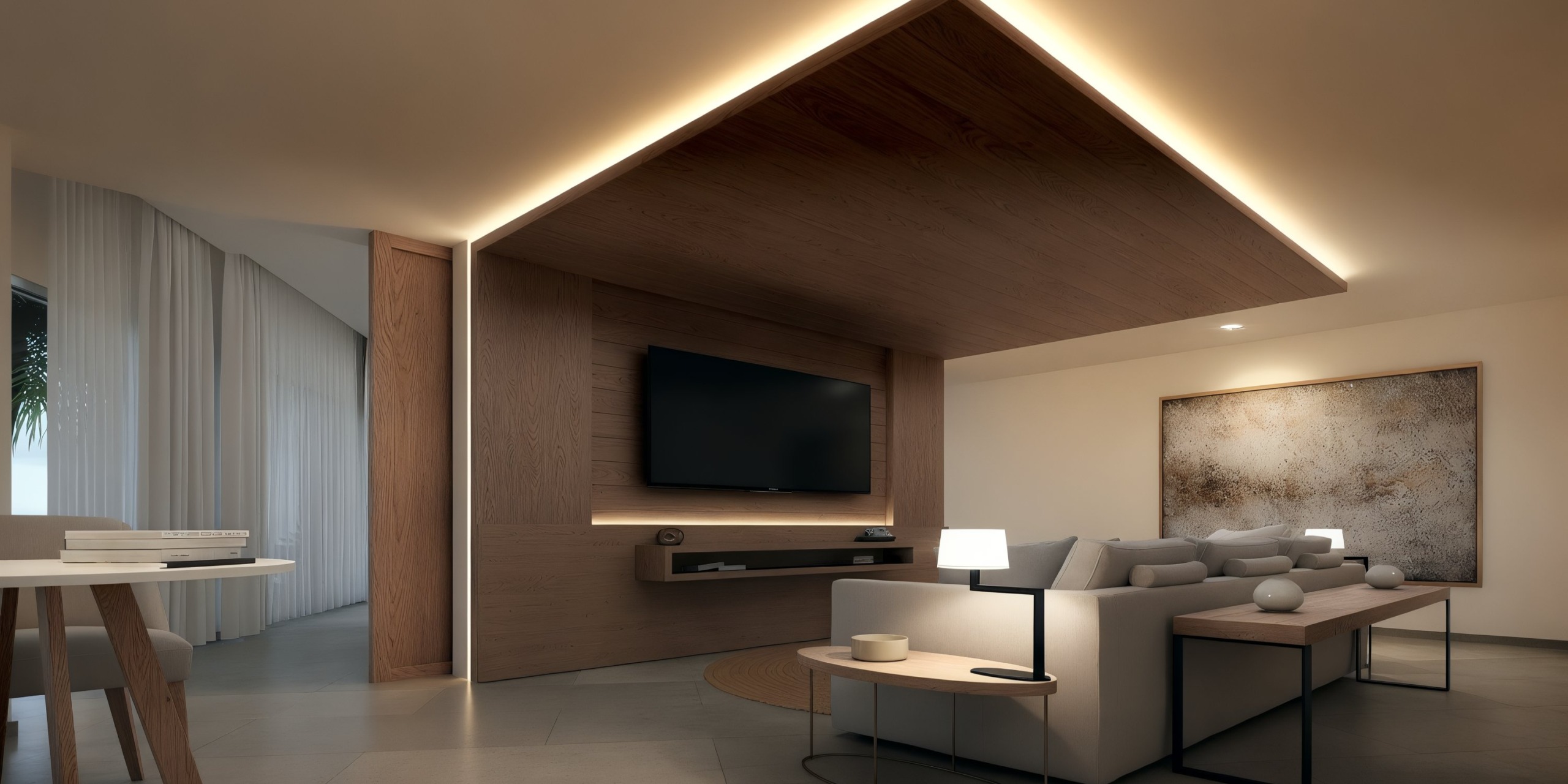 A contemporary living room features the Princess Grand Jamaica, a wall-mounted TV, complemented by a sectional sofa and ambient lighting. A large abstract painting graces the wall.