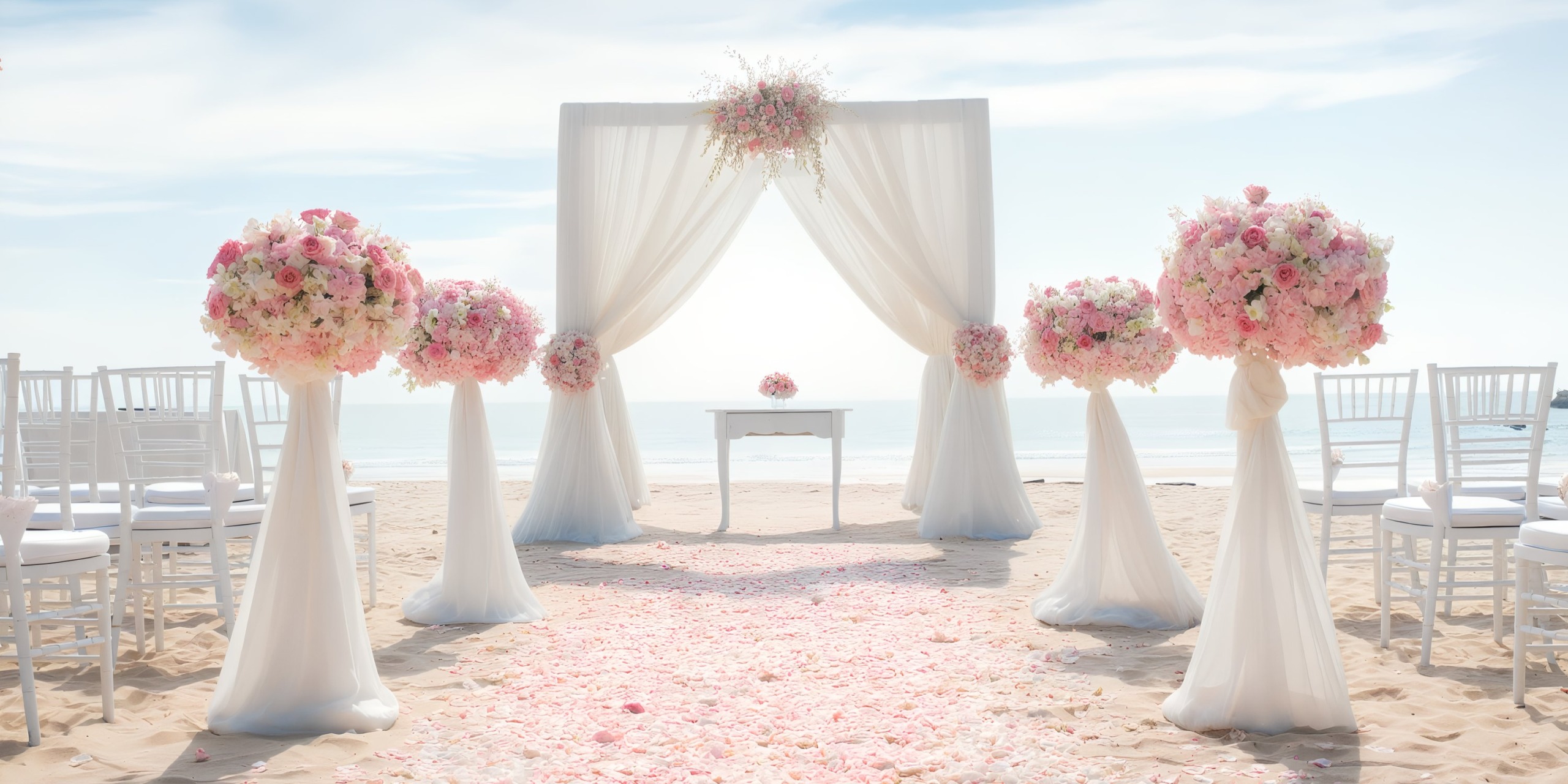 The Princess Grand Jamaica beach wedding setup includes a white draped arch adorned with pink flowers, tall floral arrangements, and elegant white chairs along a sandy aisle strewn with rose petals.