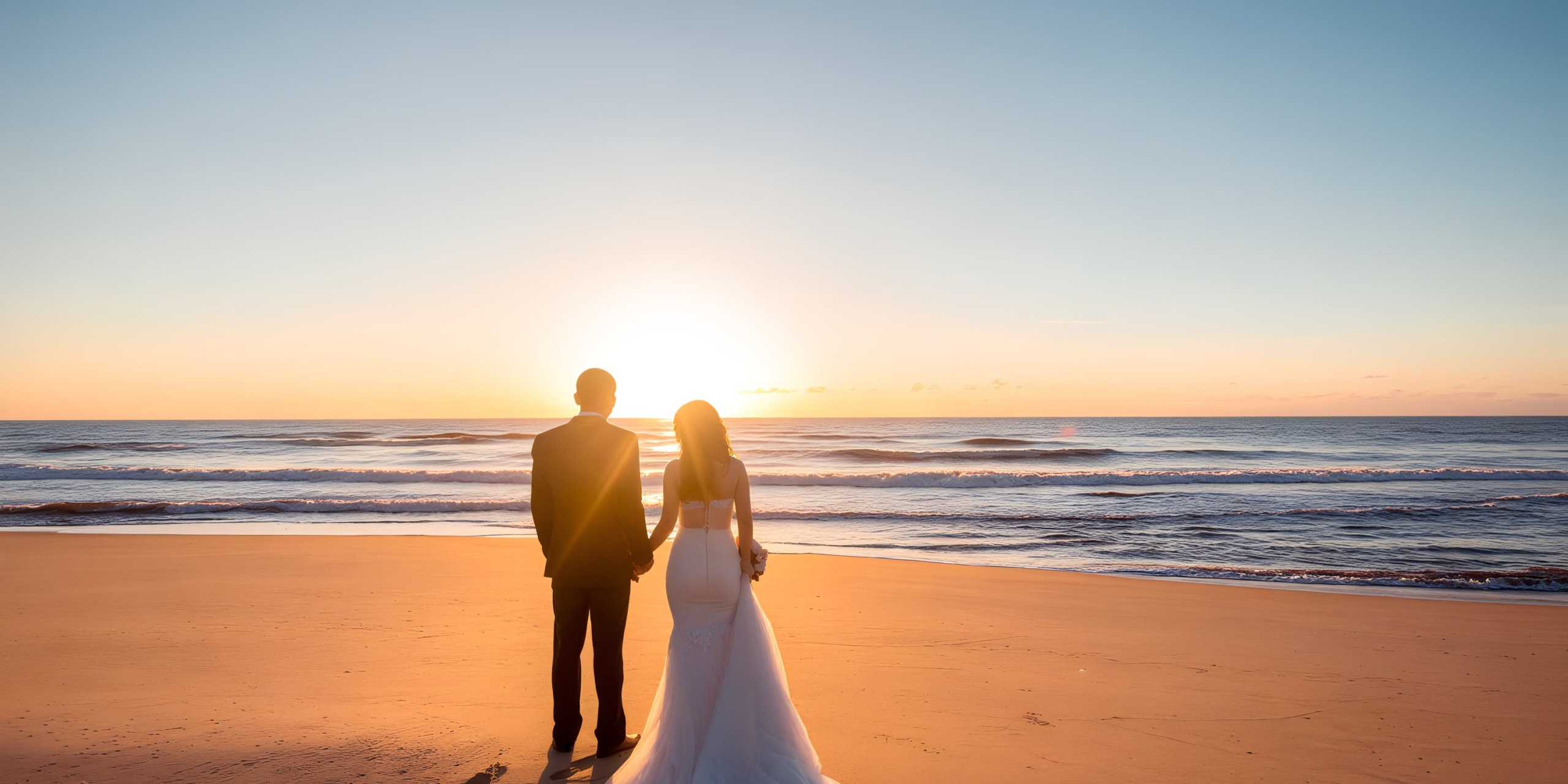 The couple stands on a beach at Princess Grand Jamaica, holding hands as they gaze at the ocean during sunset.