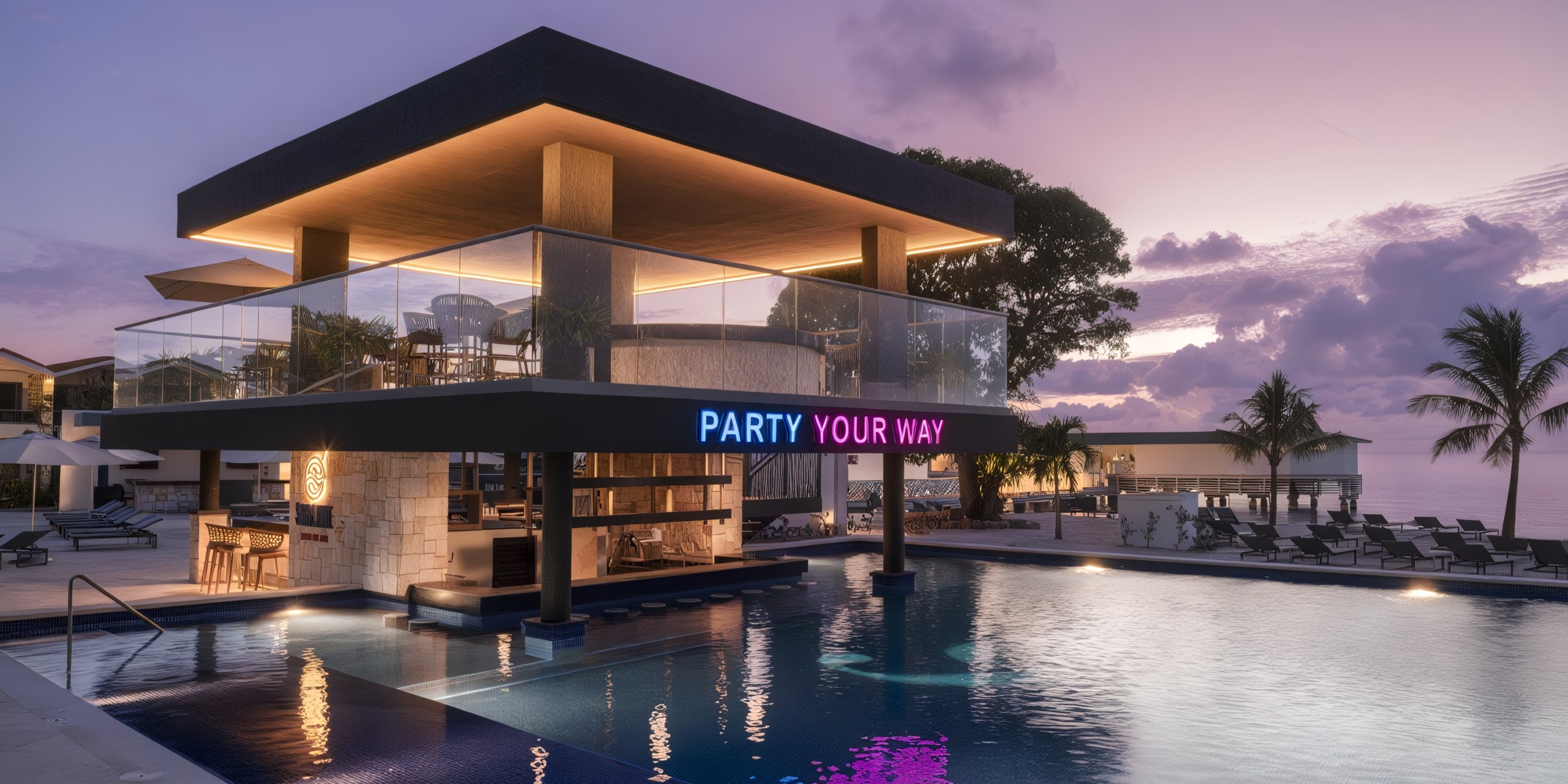 At sunset, the Royalton Chic Antigua's modern poolside bar is illuminated with neon lights displaying "Party Your Way," framed by palm trees and a stylish seating area in the background.