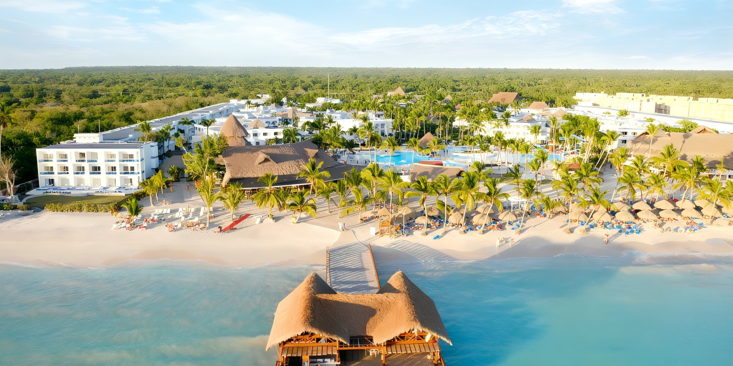 Aerial view of Sunscape Dominicus La Romana, a beachfront resort featuring palm trees, pools, and thatched-roof structures. The ocean stretches out in the foreground while a lush forested area forms the backdrop.
